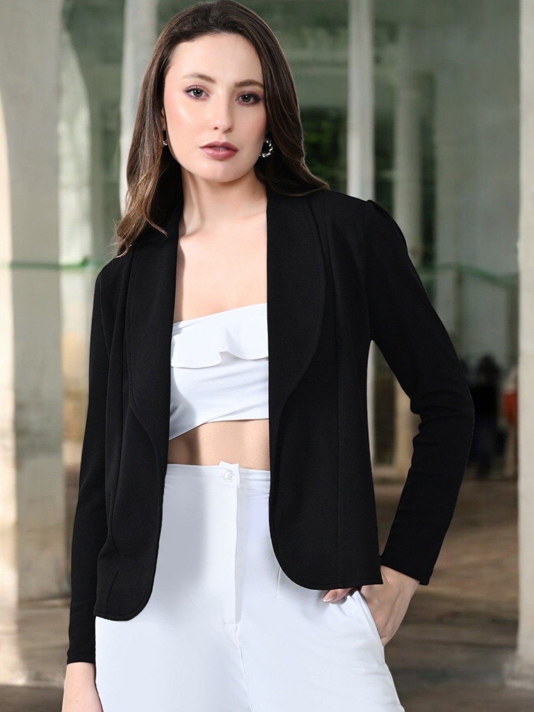 

ZEUGEN Open Front Long Sleeves Shrug, Black