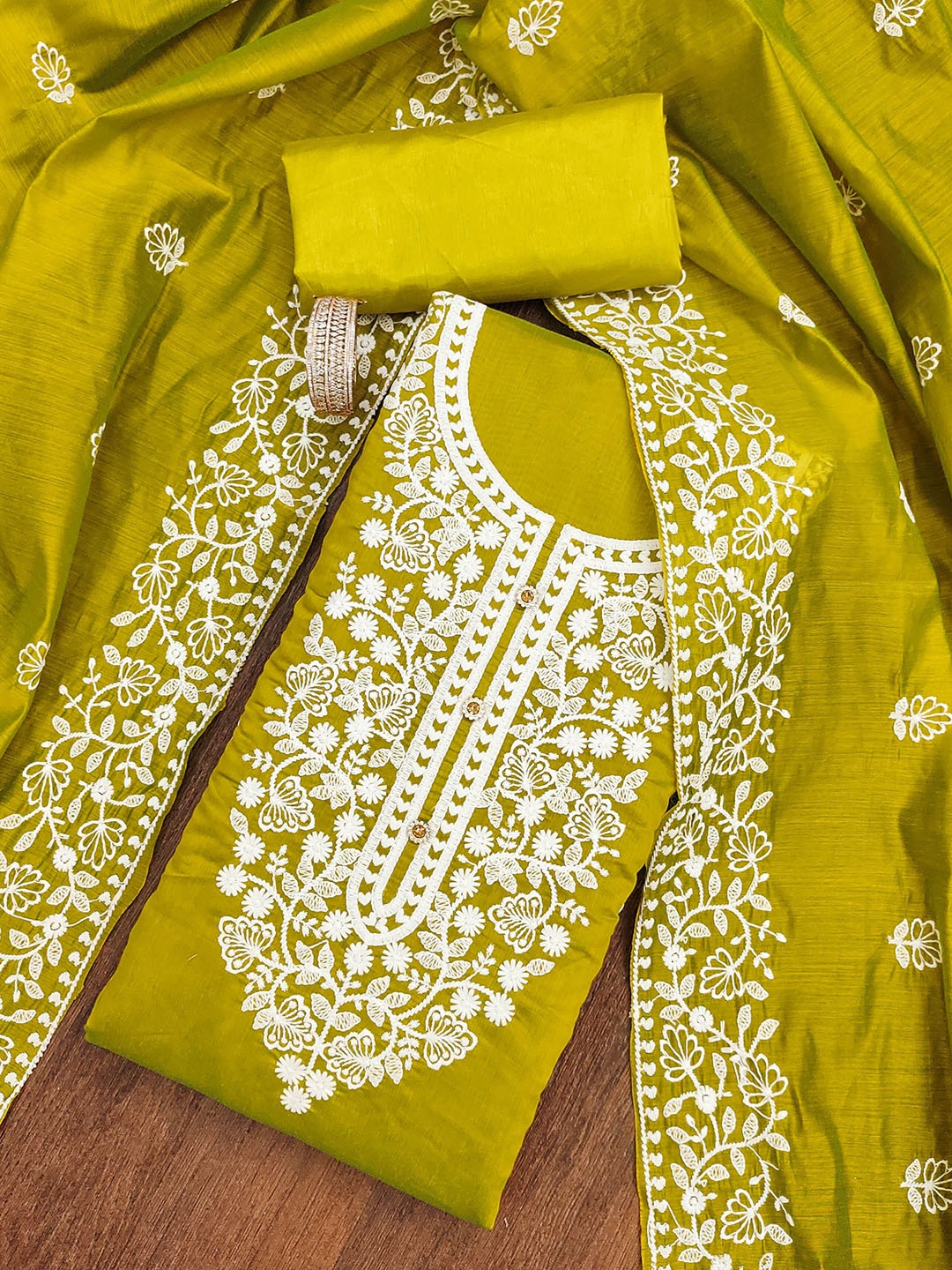 

SHADOW & SAINING Floral Embroidered Thread Work Chanderi Cotton Unstitched Dress Material, Lime green