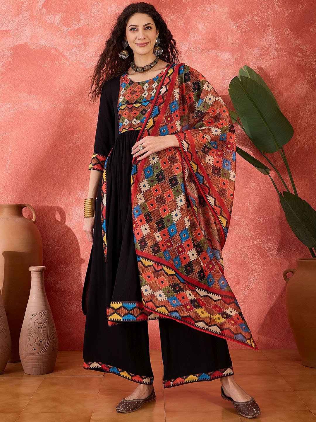 

Sangria Geometric Yoke Design Pleated Pure Cotton Kurta with Palazzos & Dupatta, Black