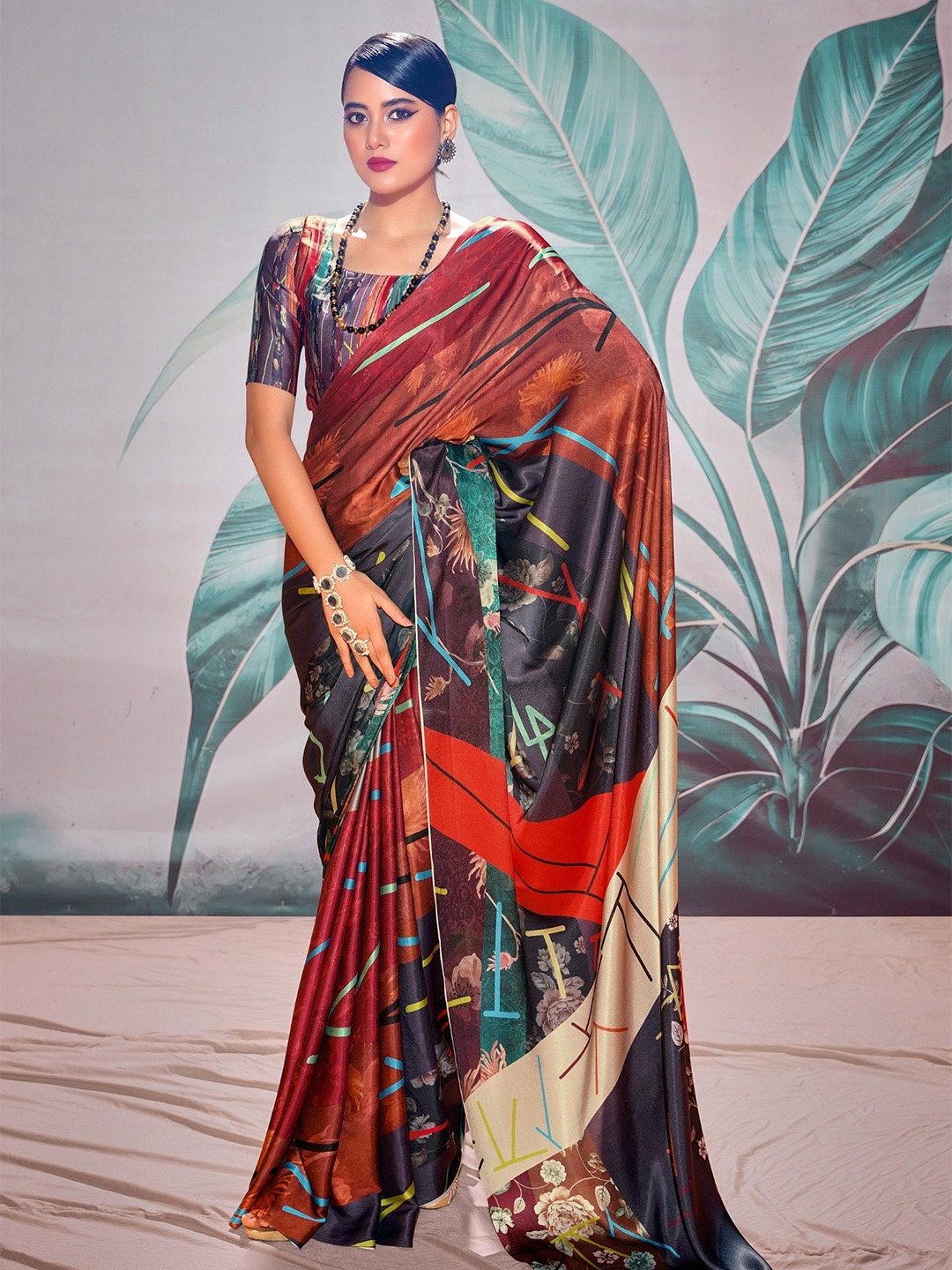 

MAHALASA Abstract Printed Saree With Blouse Piece, Orange