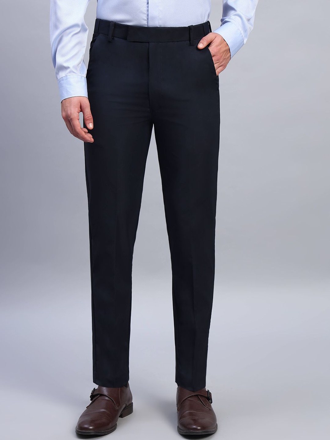 

AXNIS Men Ultra Slim Fit Mid-Rise Trousers, Navy blue