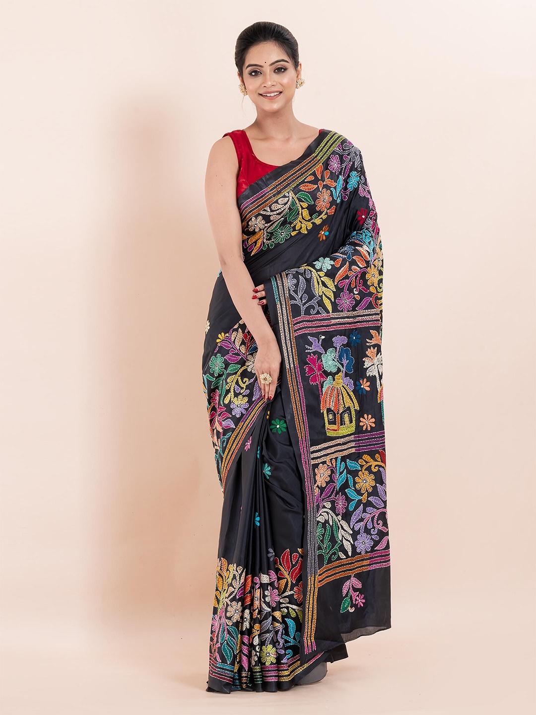 

PUKU Ethnic Motifs Embroidered Kantha Work Saree, Black
