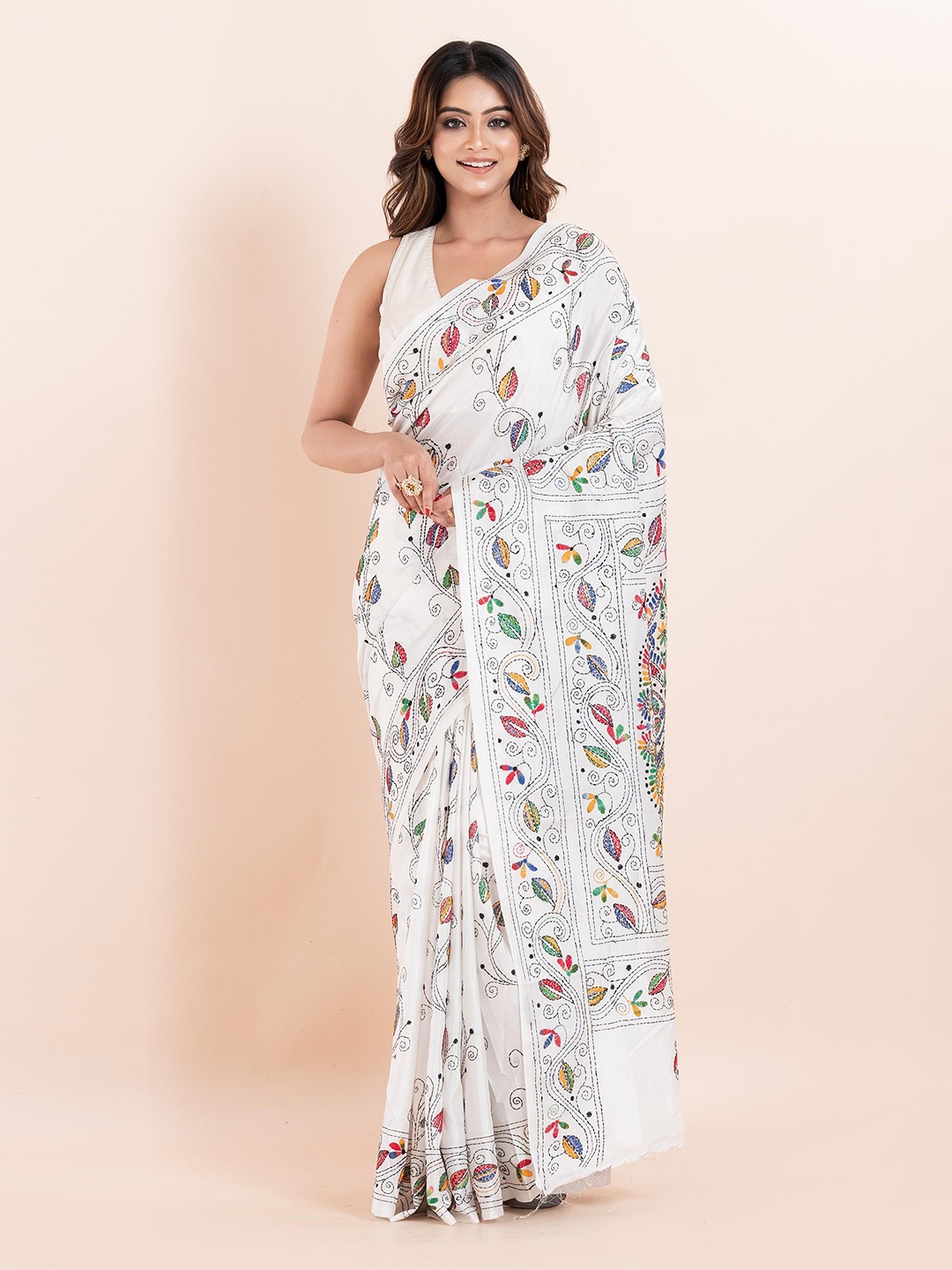 

PUKU Ethnic Motifs Kantha Work Saree, White