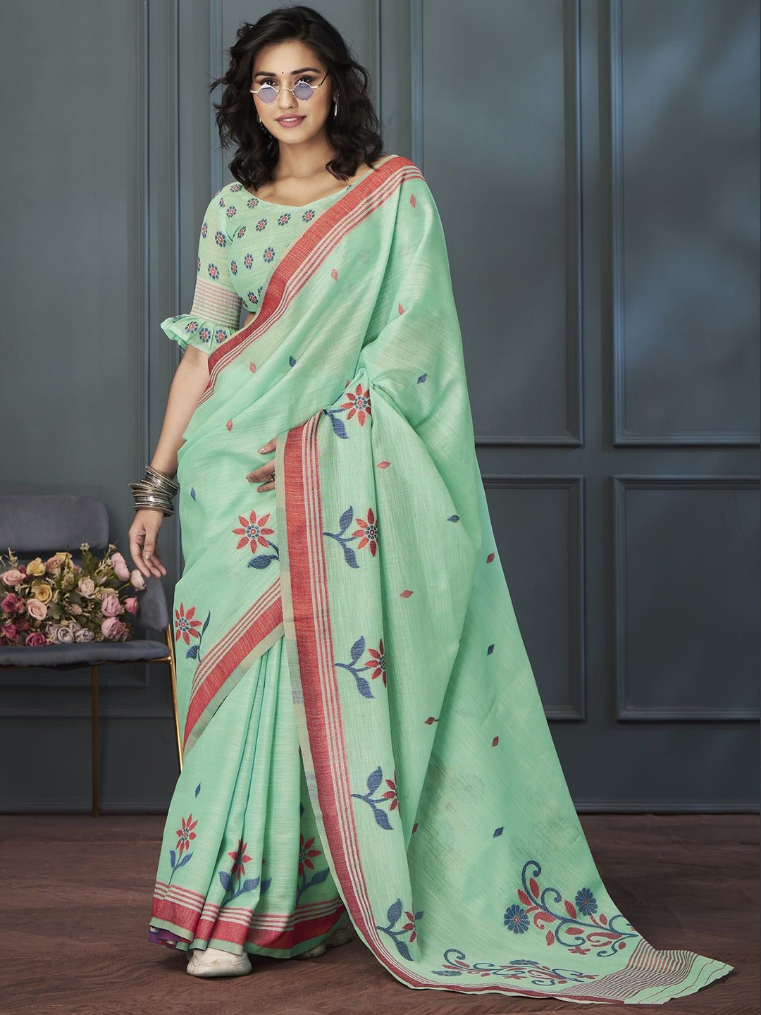 

MAHALASA Floral Printed Pure Linen Saree, Sea green