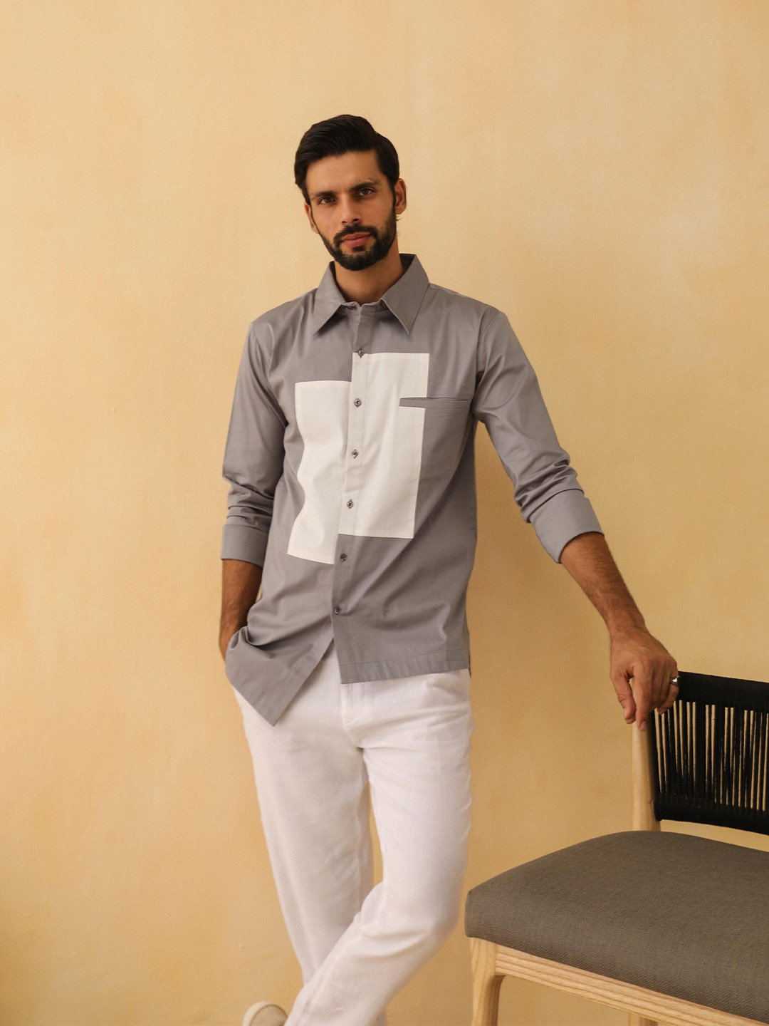 

PRIMAL GRAY Men Relaxed Fit Spread Collar Colourblocked Cotton Casual Shirt, Grey
