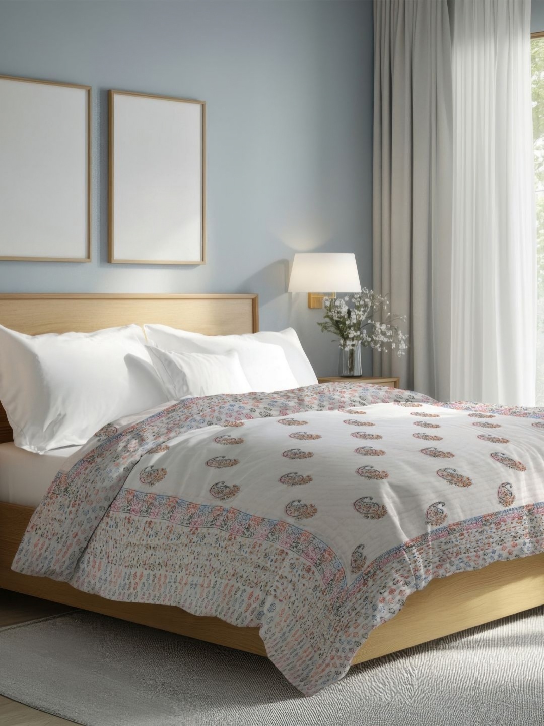 

The Rajwadi Feather Light White Ethnic Motifs Pure Cotton 90 GSM AC Room Double Bed Quilt