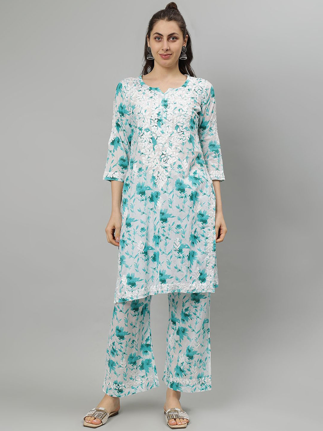 

Seva Chikan Floral Printed Embroidered Lucknowi Chikankari Straight Kurta With Palazzos, White