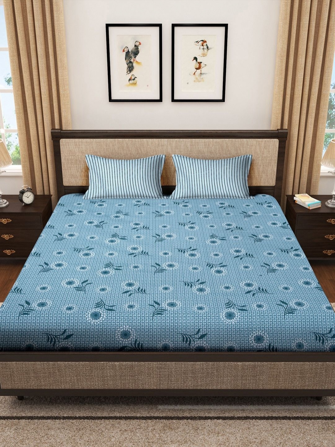

Myntra Elegant Homes Blue Printed 300 TC Fitted King Double Bedsheet Set 2.70 m x 2.70 m