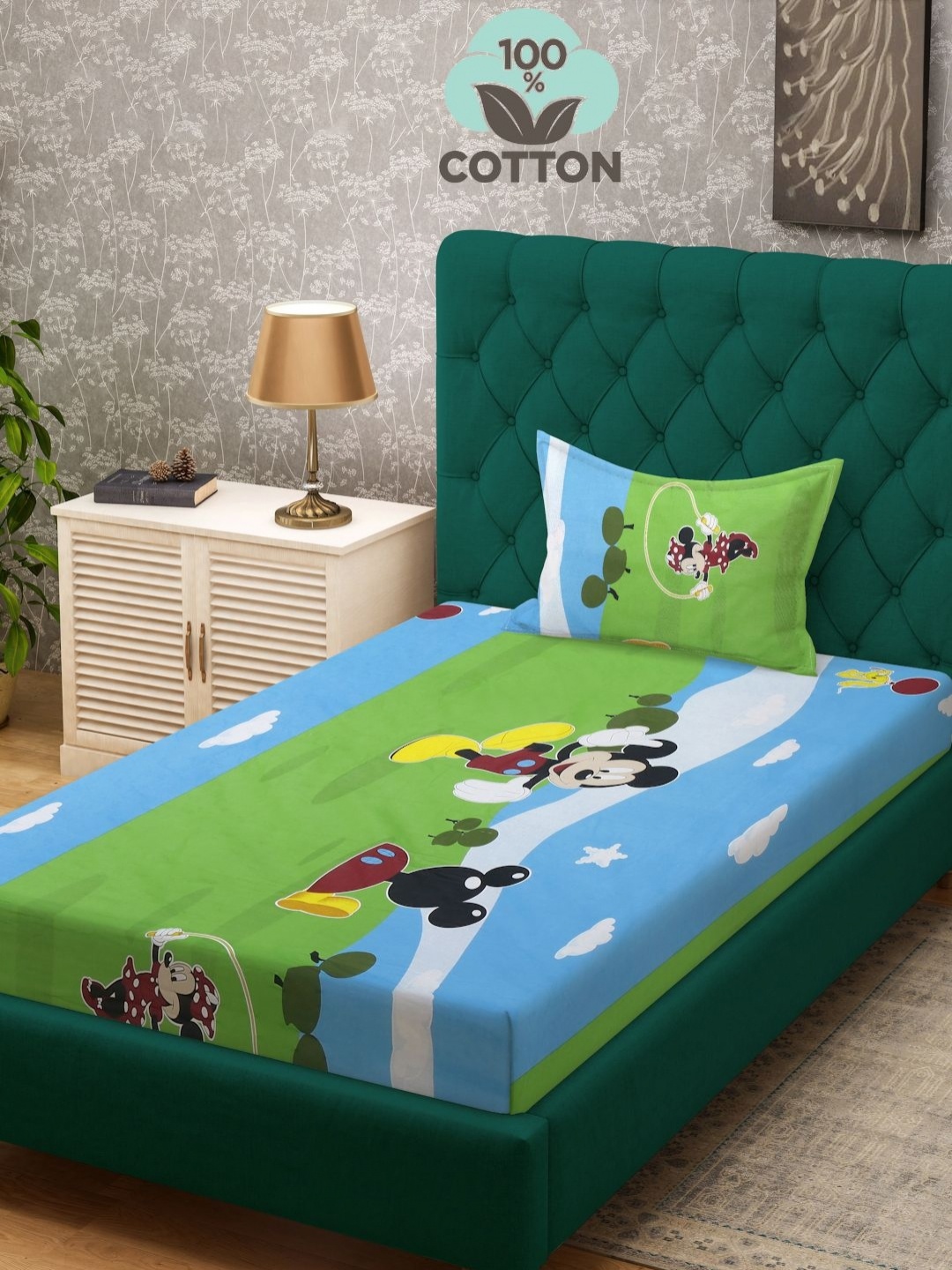 

Myntra Elegant Homes Green Printed 400 TC Pure Cotton Single Bedsheet Set 2.25 m X 1. 50 m