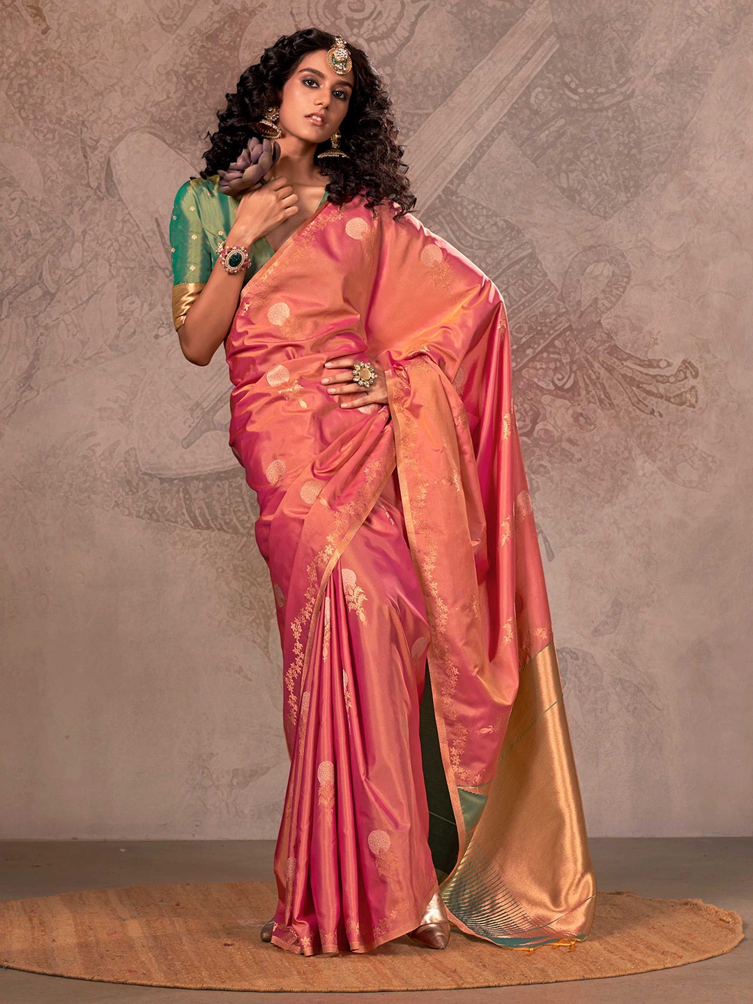 

Vardha Ethnic Motifs Printed Zari Silk Blend Banarasi Saree, Pink