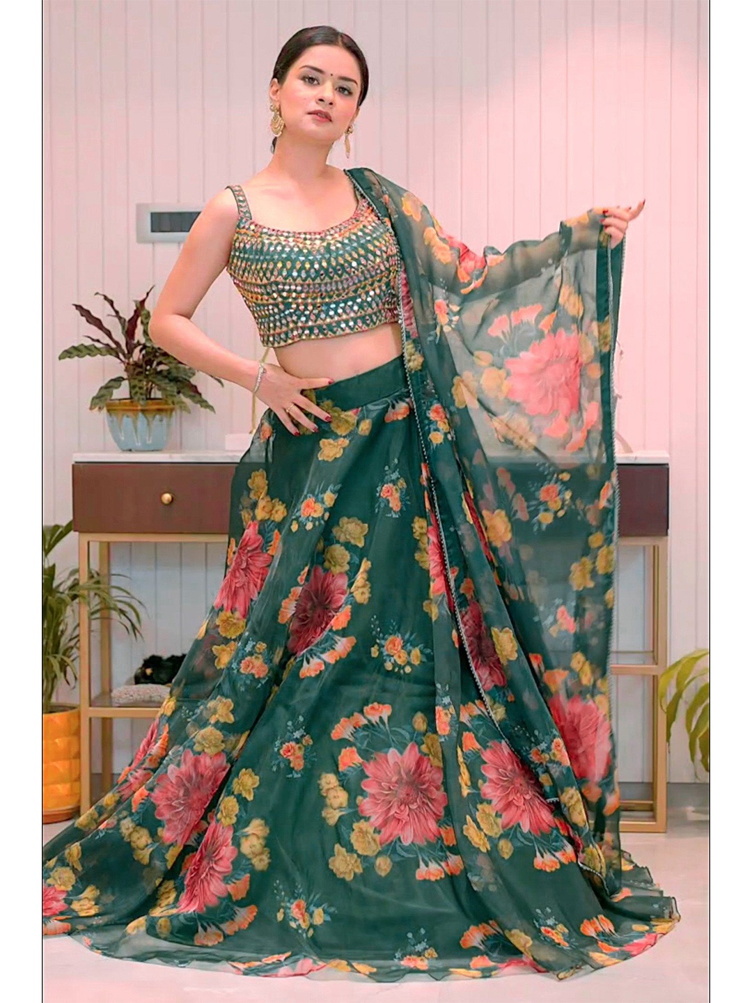 

BAESD Printed Semi-Stitched Lehenga & Unstitched Blouse With Dupatta, Green