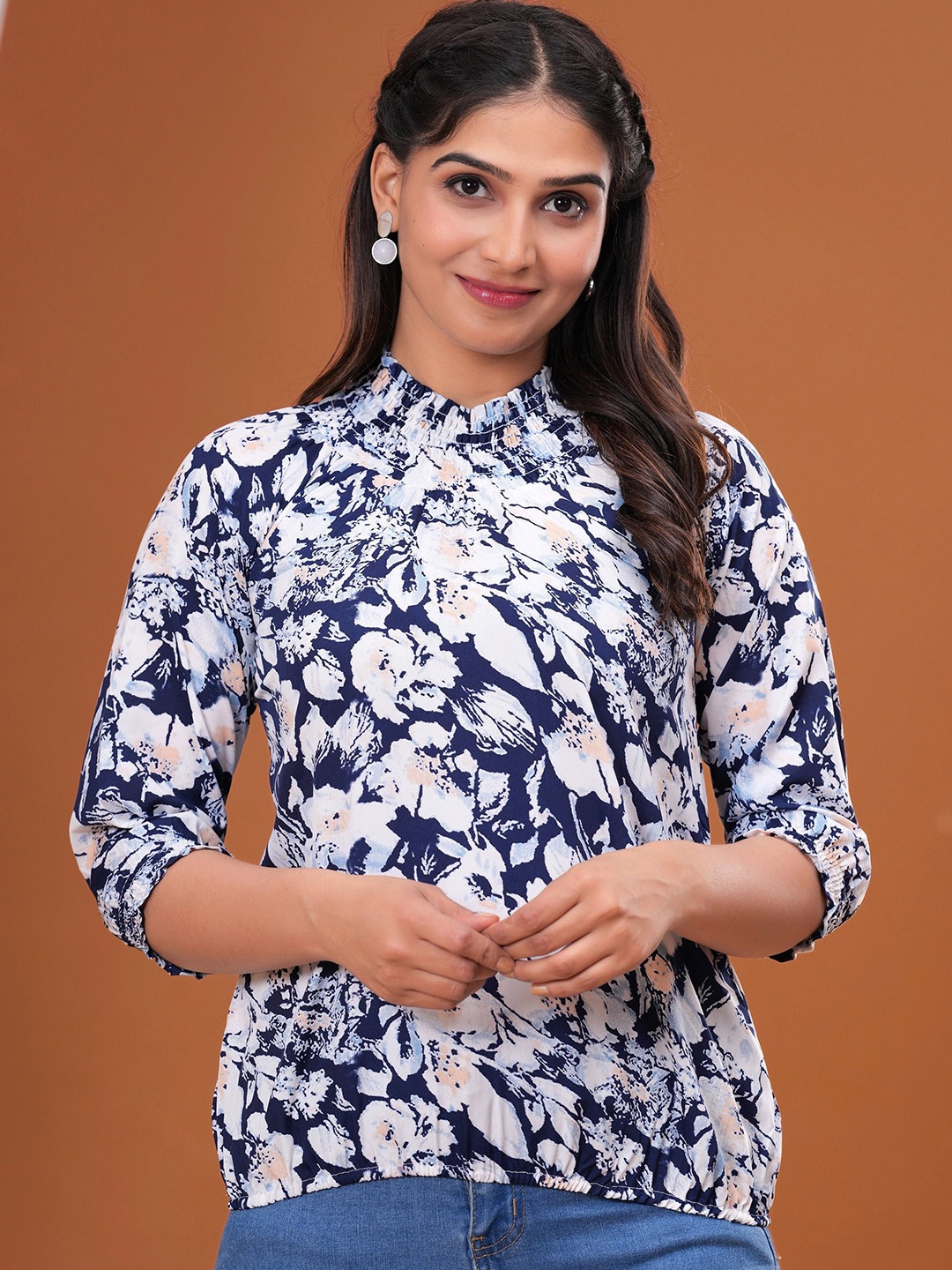 

HIMANC Floral Print Crepe Shirt Style Top, White