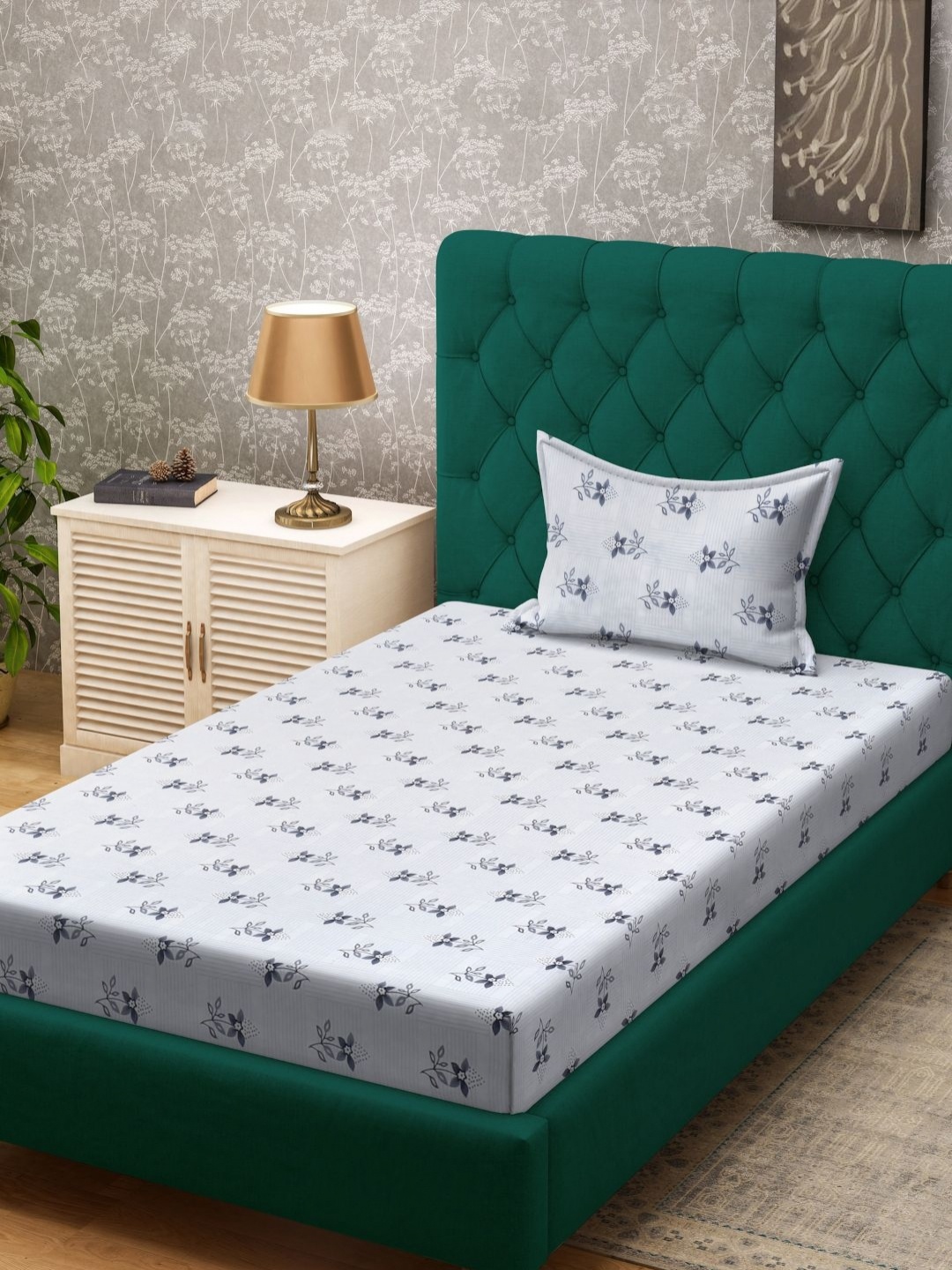 

Myntra Elegant Homes White & Grey Floral 300 TC Single Bedsheet Set 2.5 m x 1.5 m