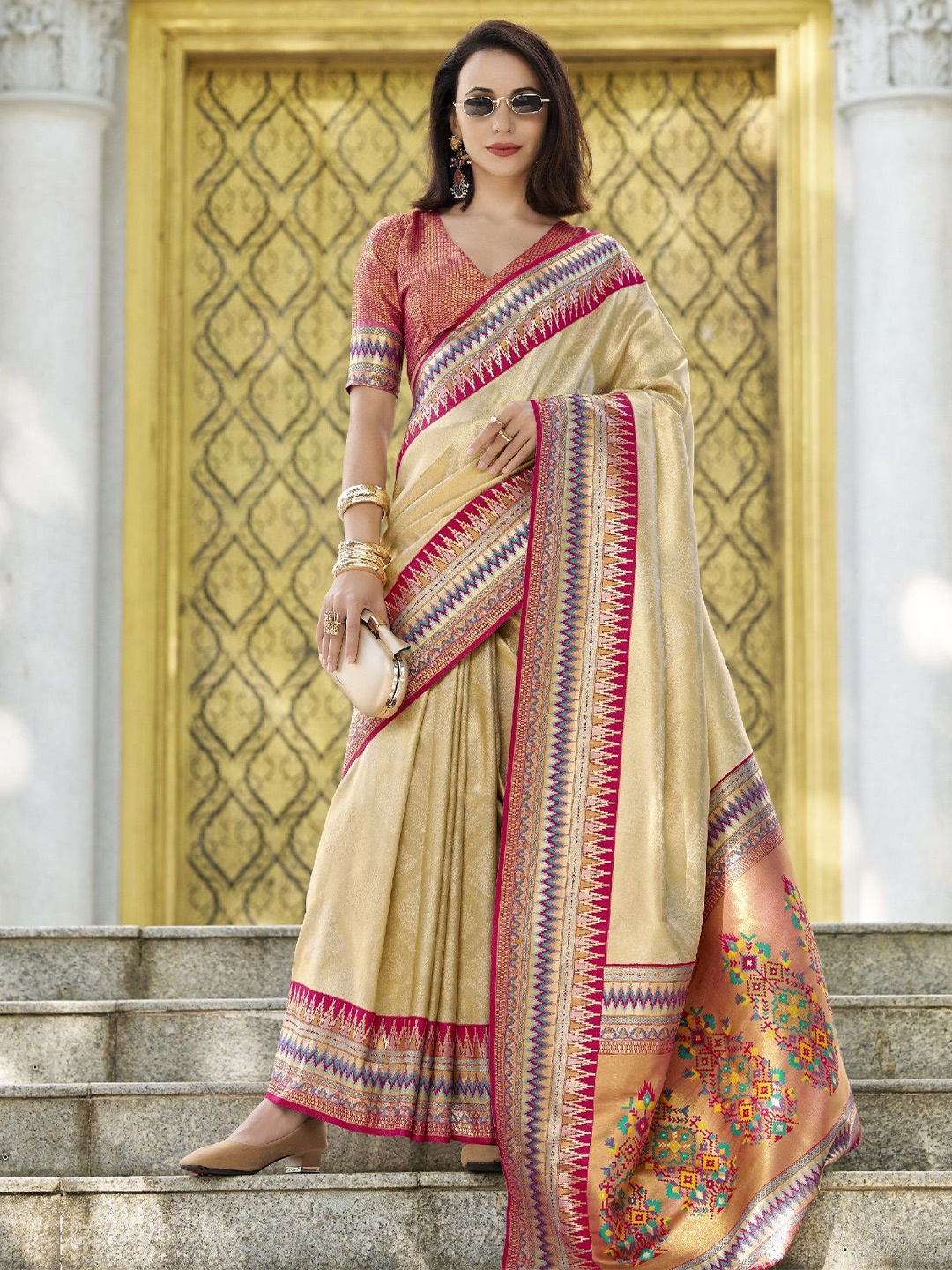 

MAHALASA Ethnic Motifs Zari Pure Silk Banarasi Saree, Beige