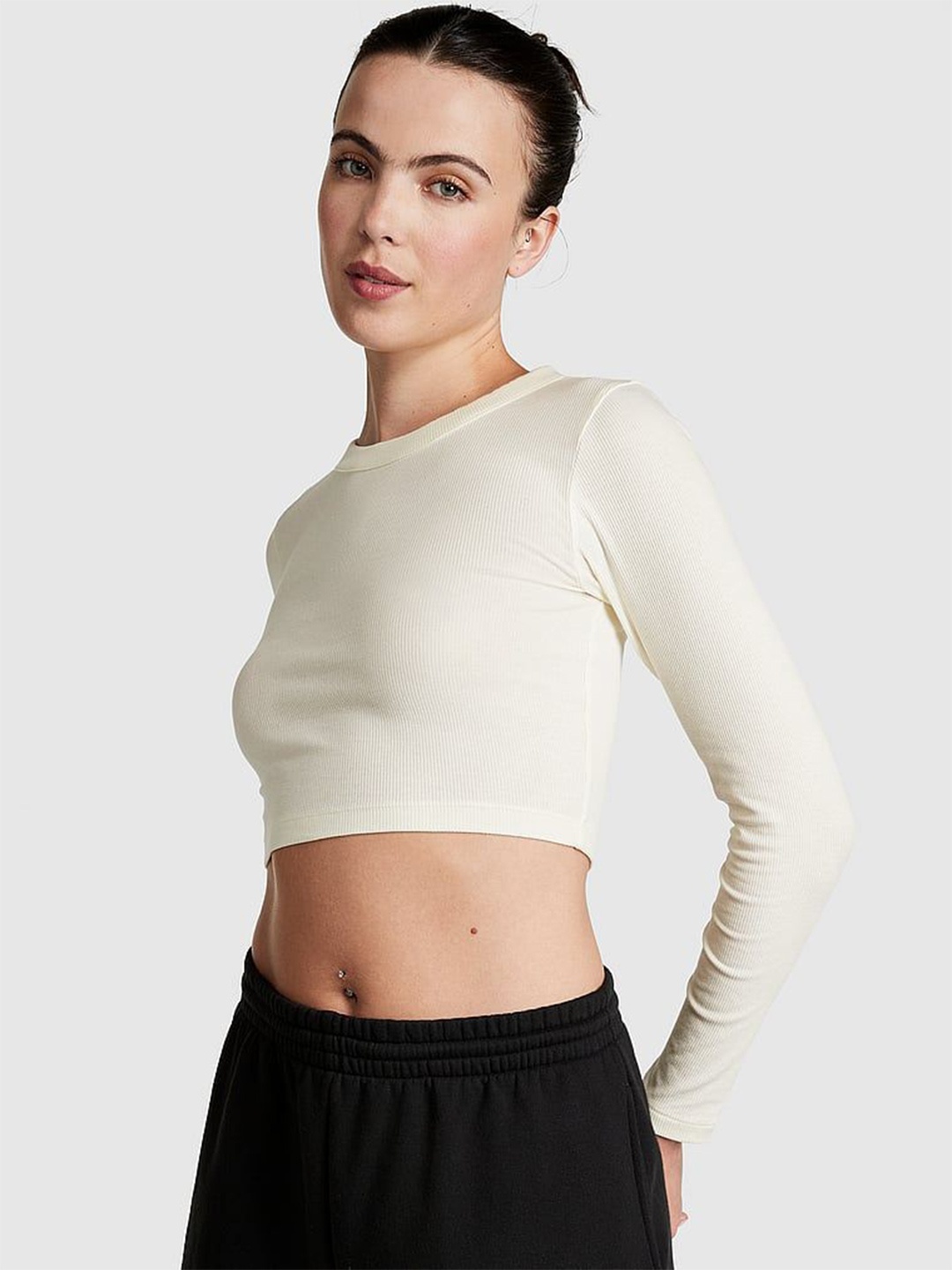 

Victoria's Secret Women Solid Round Neck Cotton Crop Top, Beige
