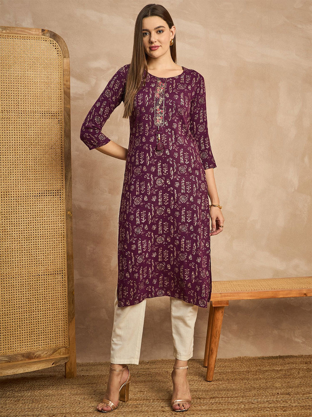 

CHETI Printed Straight Kurta, Burgundy