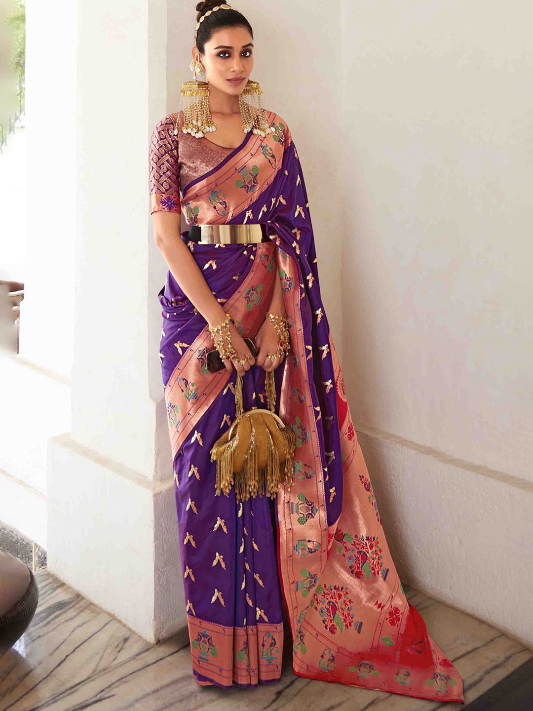 

Mitera Woven Design Zari Pure Georgette Paithani Saree, Purple