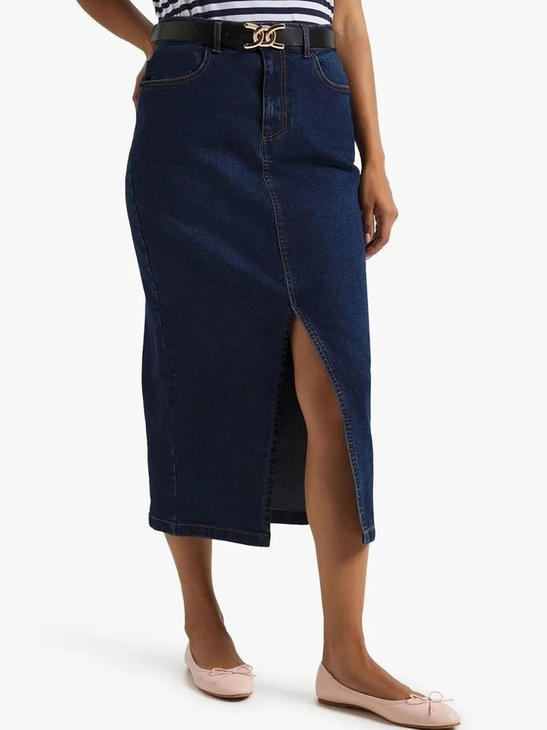 

Tripursundari Fashion Women Front Slits Denim Straight Midi Skirt, Navy blue