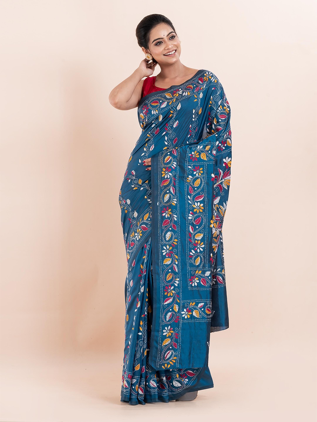 

PUKU Ethnic Motifs Embroidered Kantha Work Saree, Teal