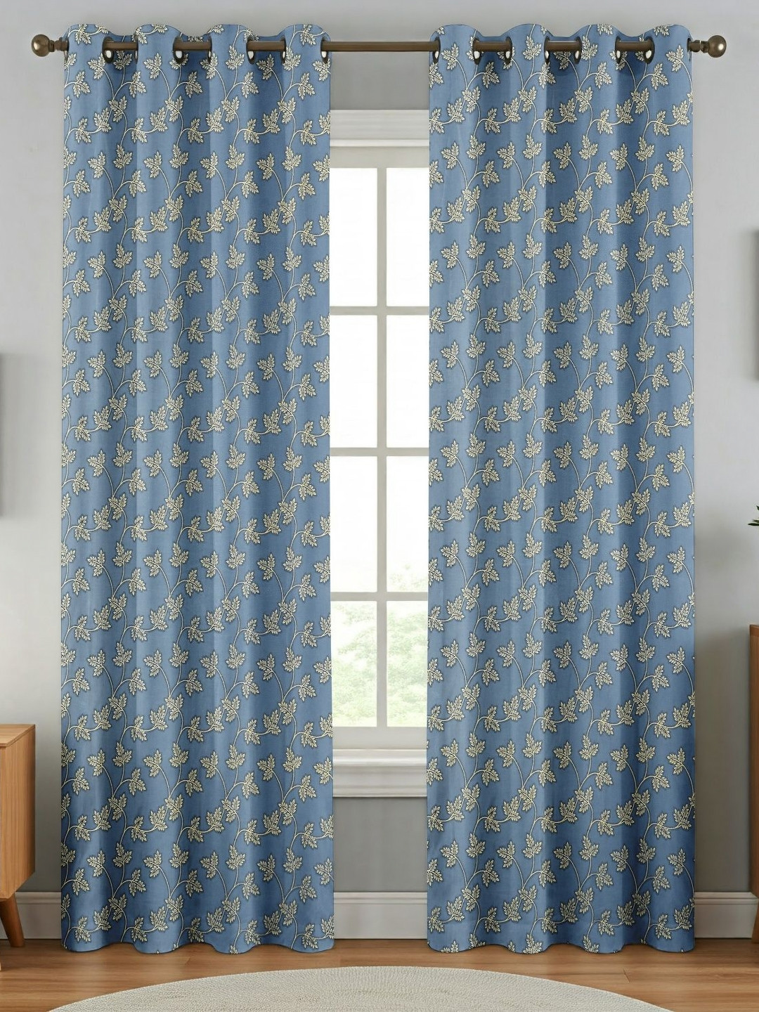 

Galaxy Home Decor Blue 2 Pieces Floral Printed Window Curtain, Grey