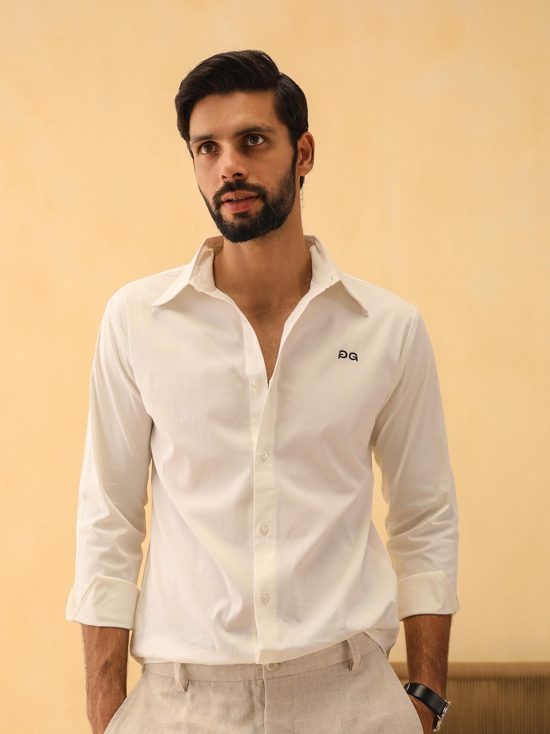 

PRIMAL GRAY Men Slim Fit Spread Collar Solid Cotton Casual Shirt, White