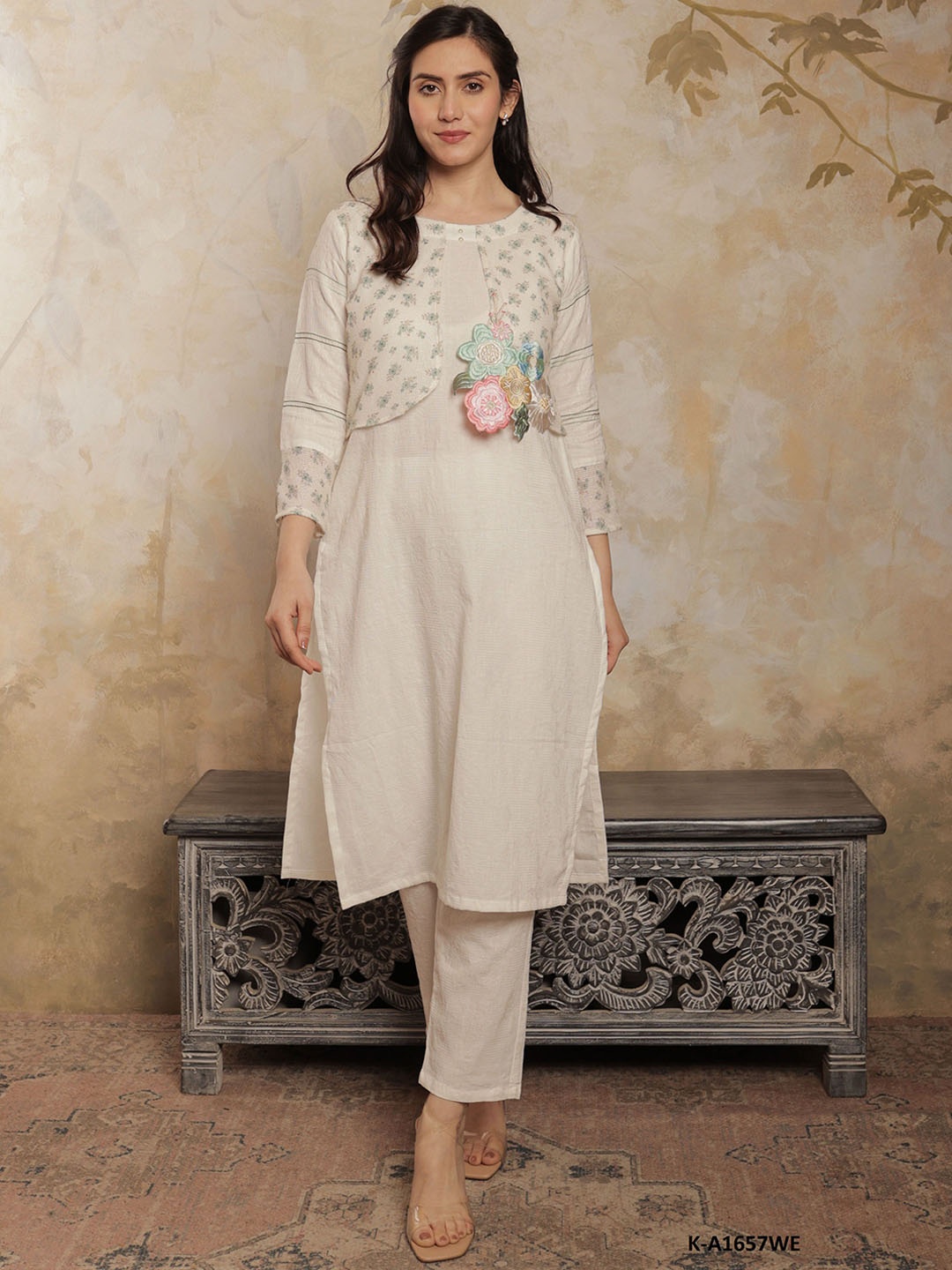 

SRIHA Floral Printed Thread Work Pure Cotton Straight Kurta With Trouser, White