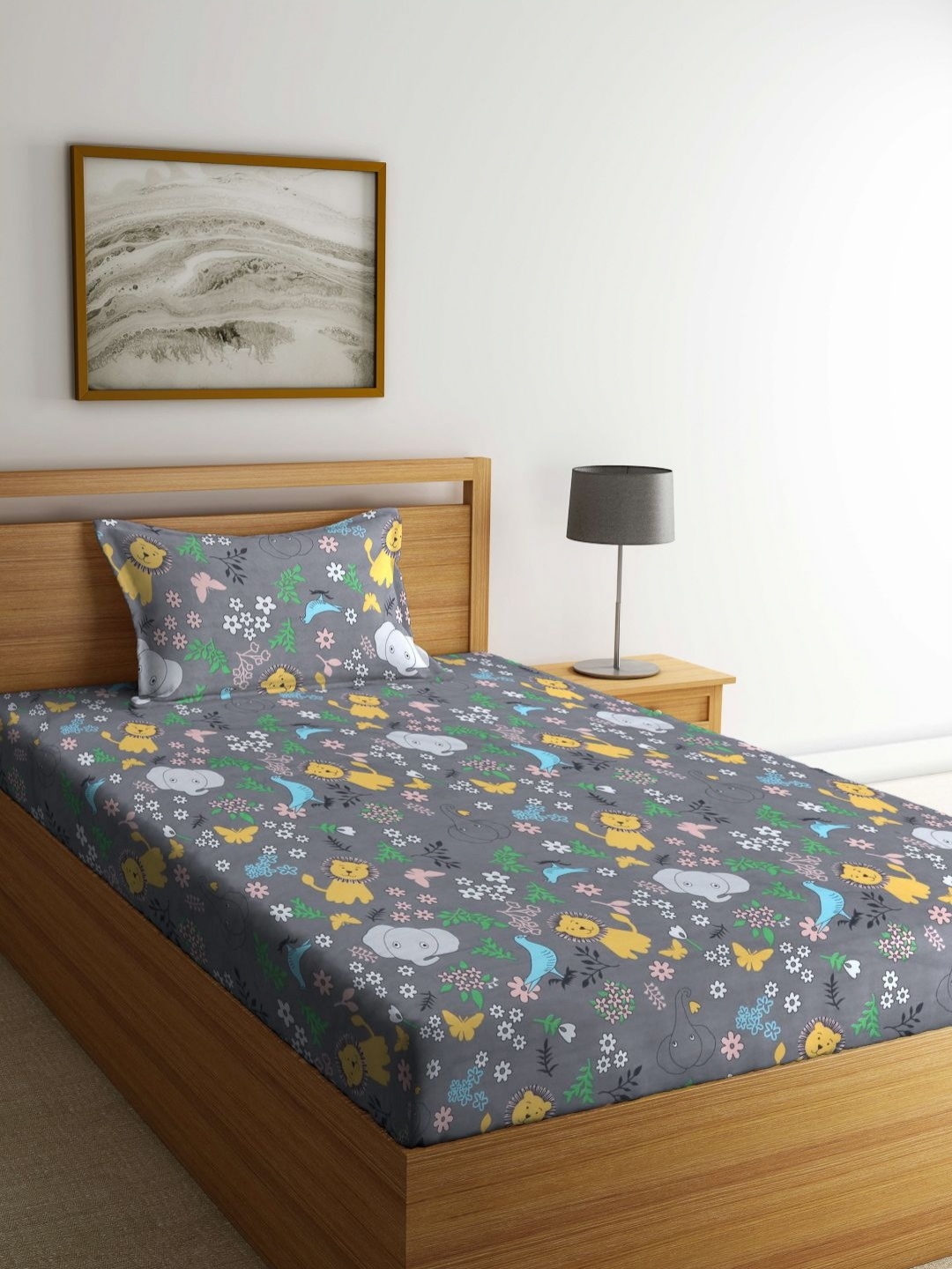 

Myntra Elegant Homes Grey & Green Cartoon Characters 300 TC Single Bedsheet Set