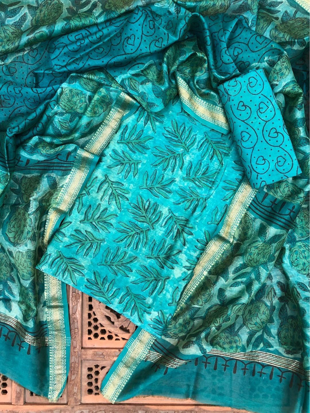 

PALASH Floral Block Printed Pure Silk Unstitched Dress Material, Teal