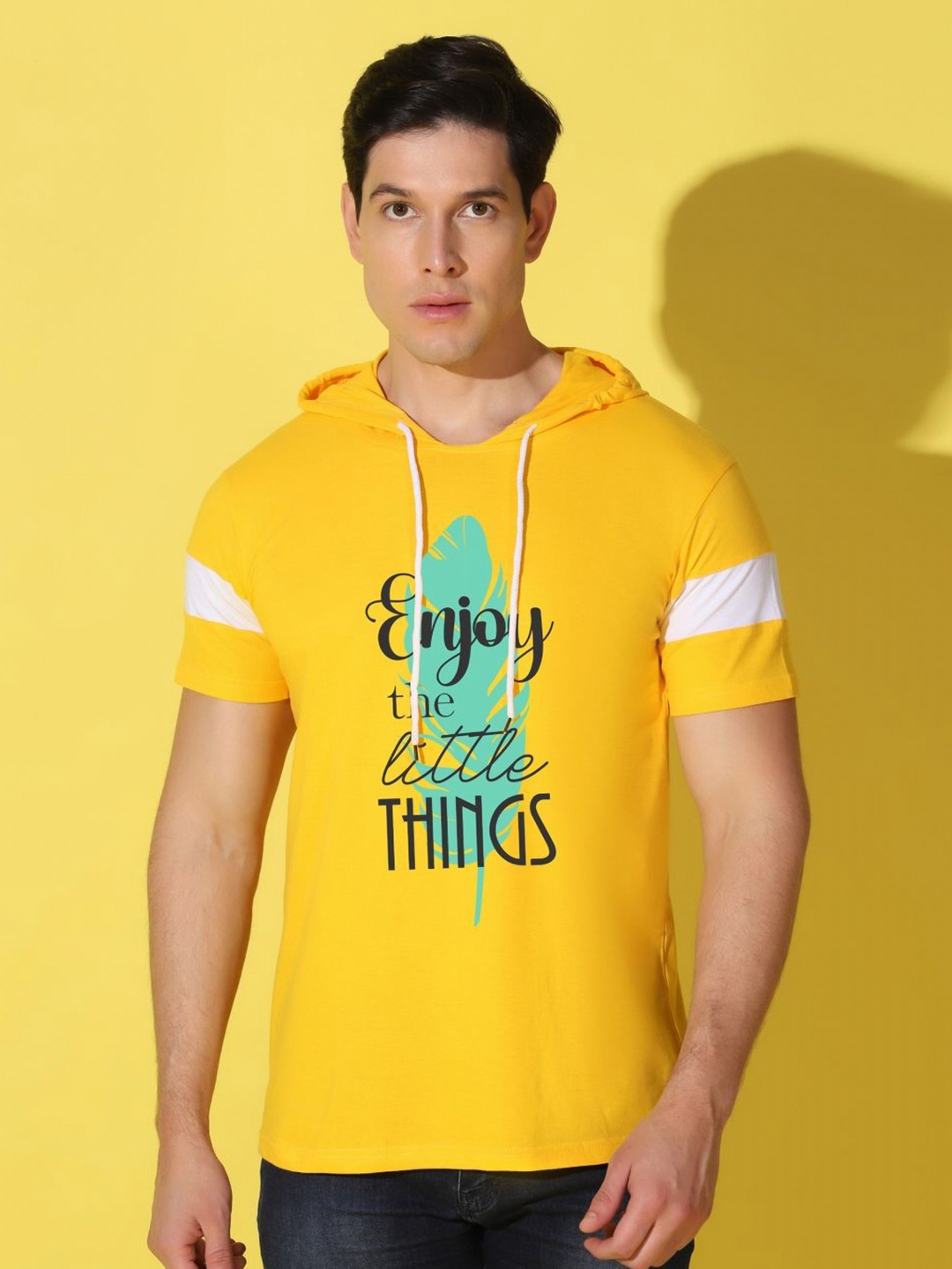

WOOSTRO Men Typography Printed Hooded Slim Fit T-shirt, Yellow