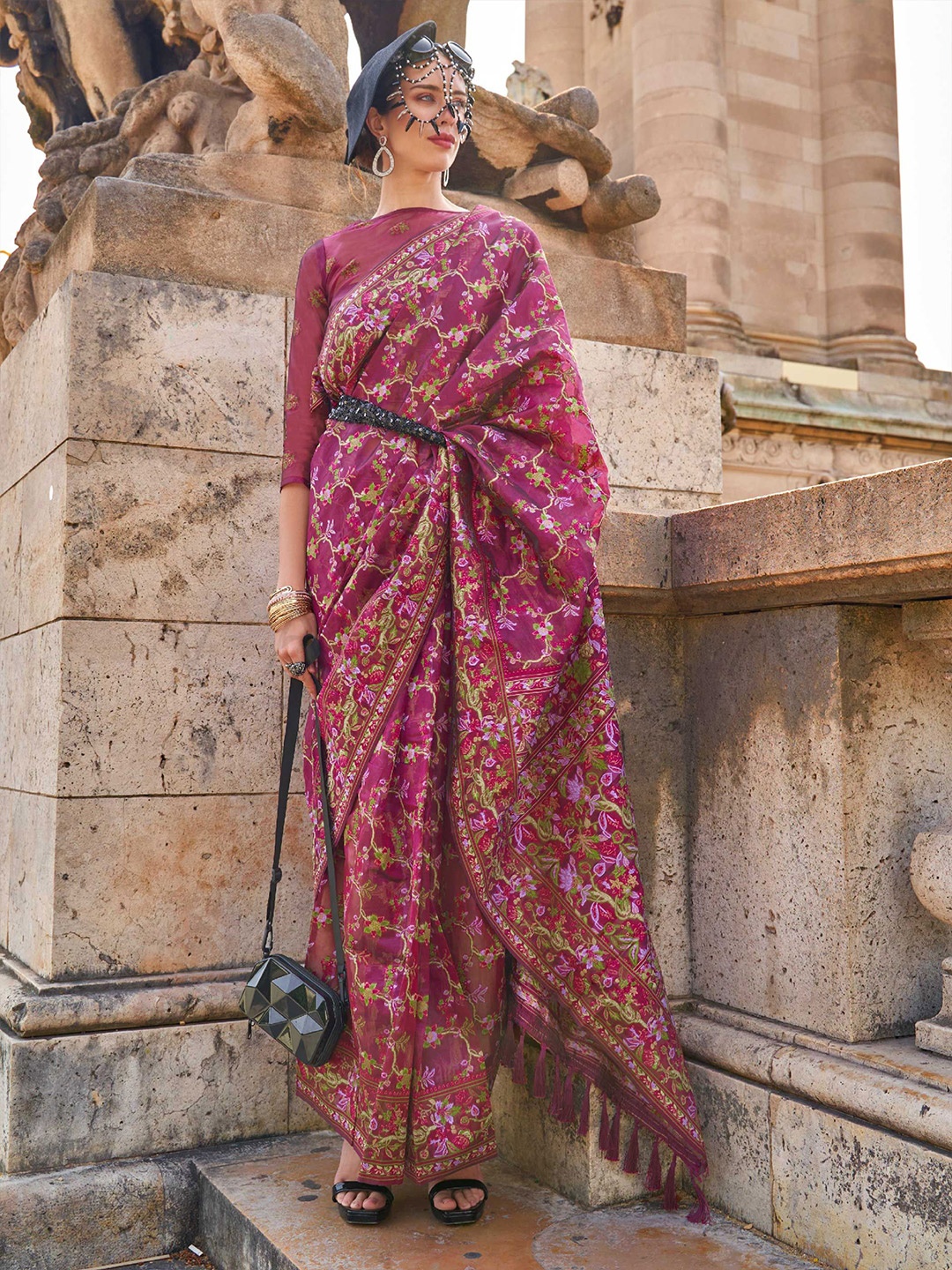 

Vardha Floral Organza Ikat Saree, Pink