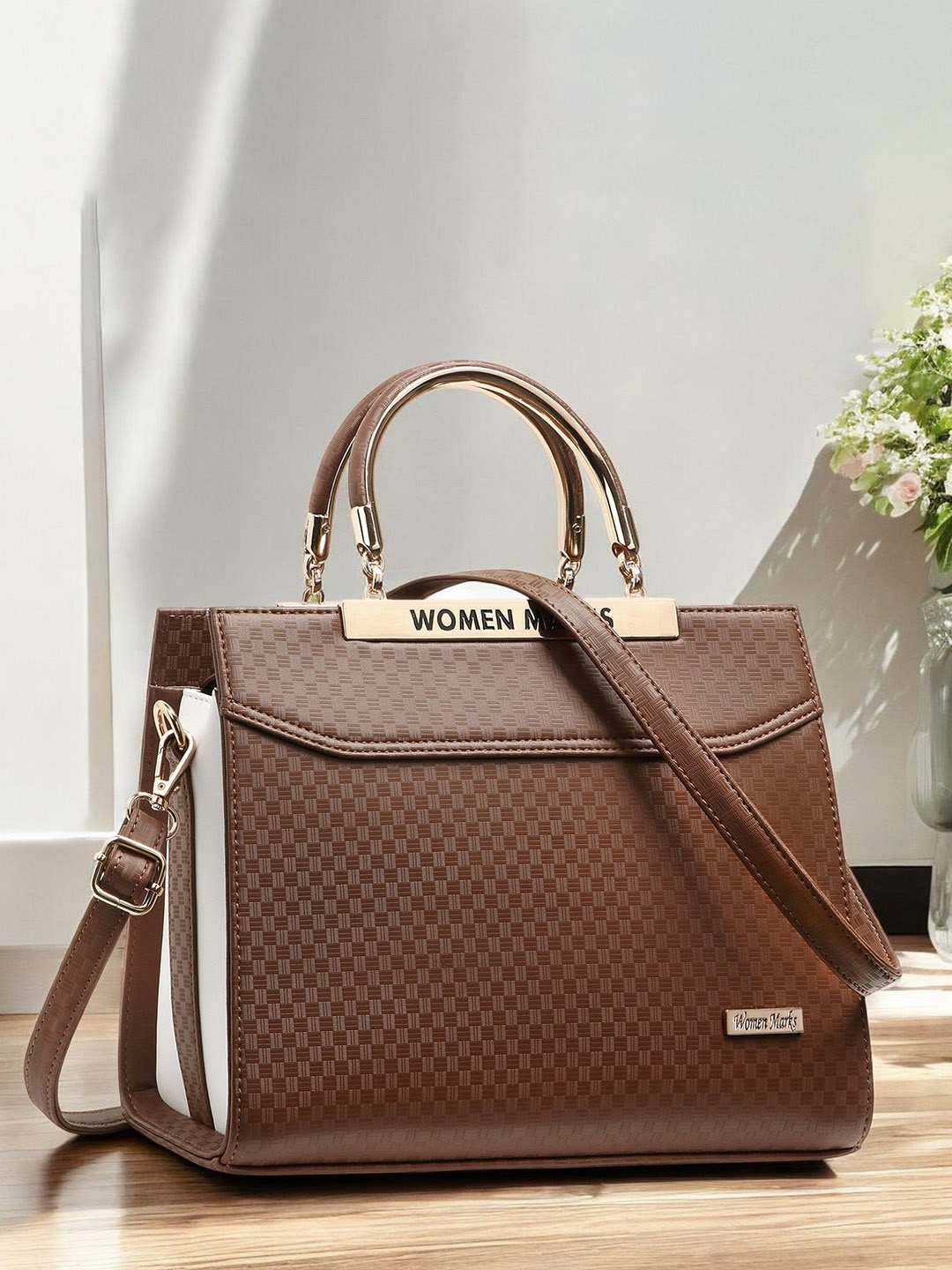 

WOMEN MARKS Textured PU Structured Handheld Bag with Cut Work, Brown