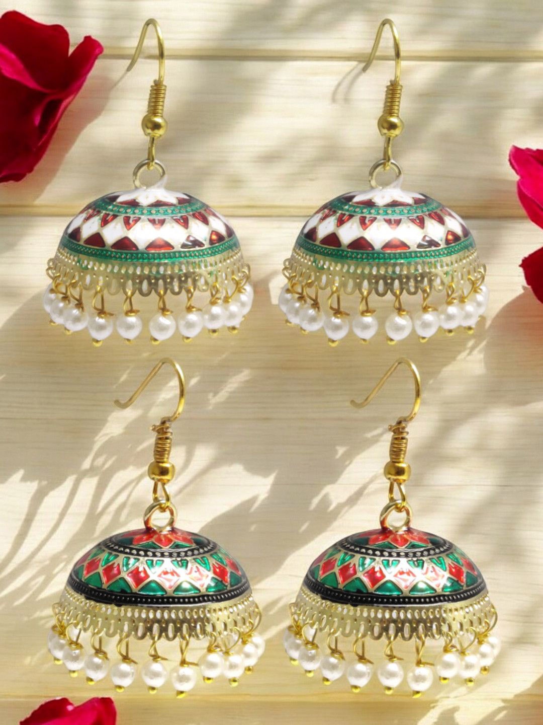 

Anouk Set Of 2 Artificial Beaded Dome Shaped Meenakari Jhumkas, Gold