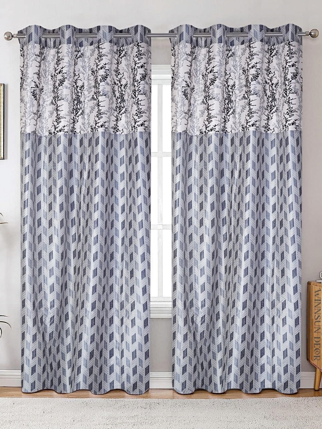 

Winnsun Grey & White 2 Pieces Floral Printed Room Darkening Door Curtains