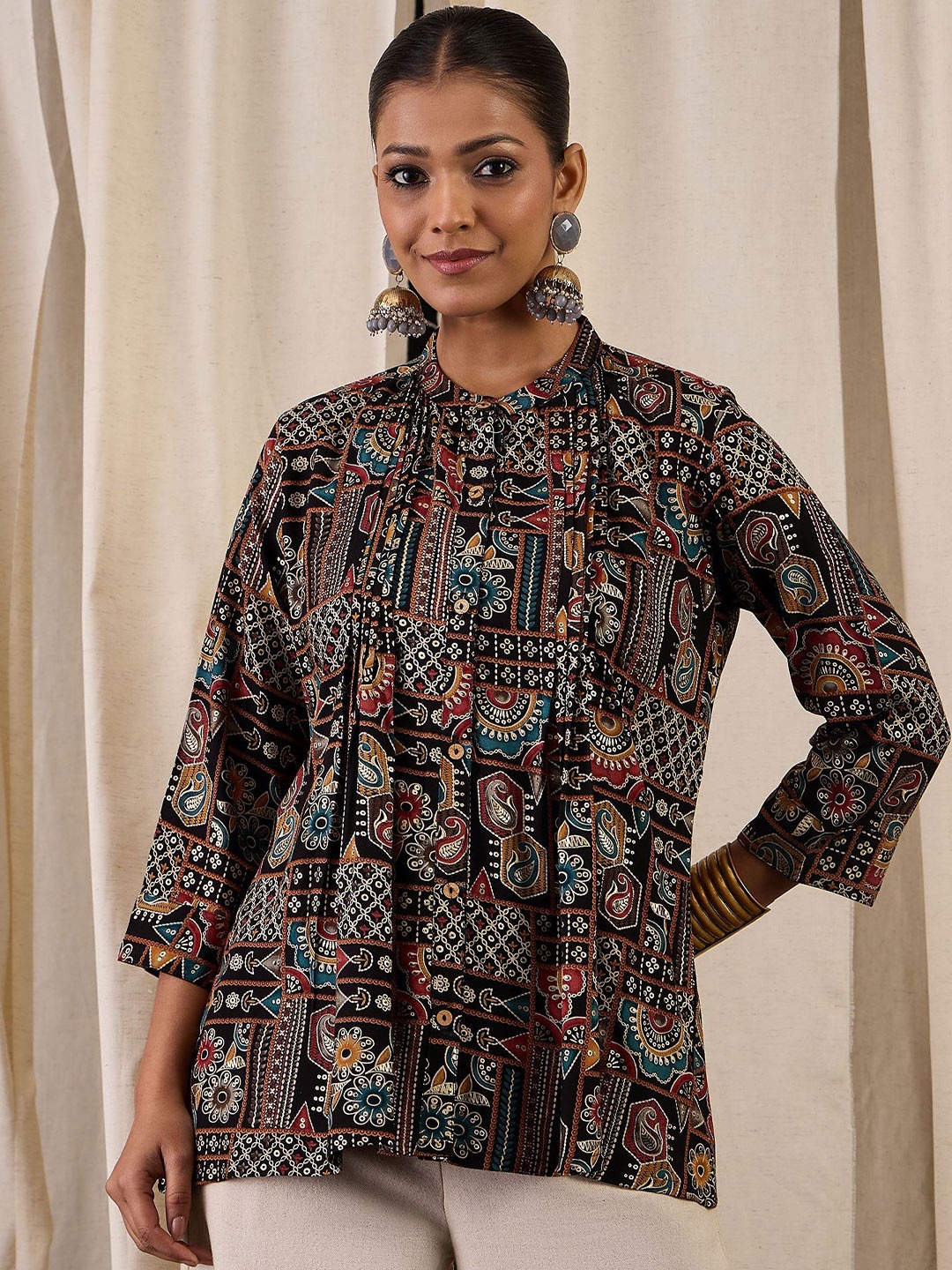 

Anouk Printed Mandarin Collar Shirt Style Top, Black