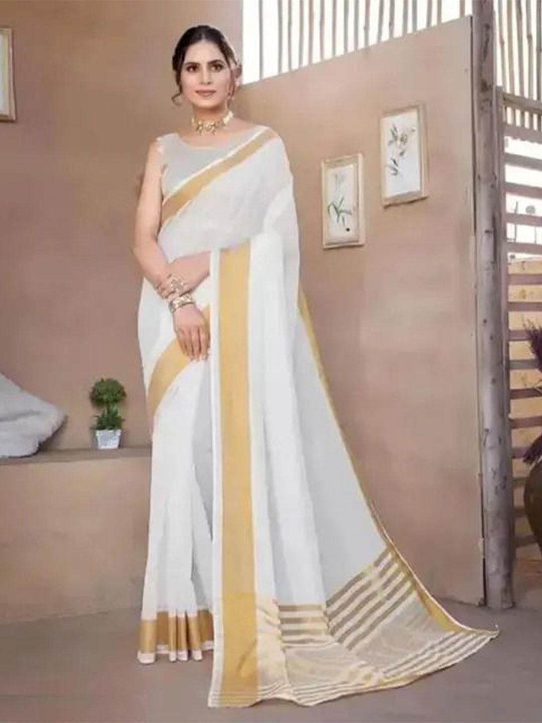 

APNISHA Solid Zari Chanderi Saree, White