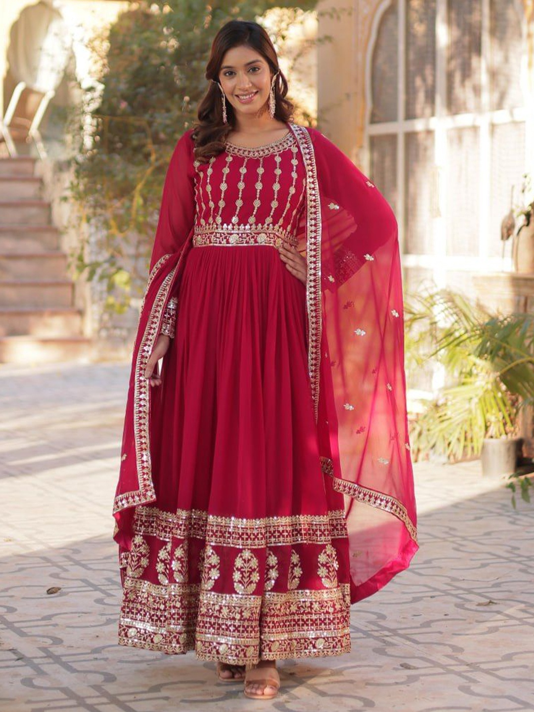 

ZIBLON Floral Embroidered Ethnic Dress With Dupatta, Red