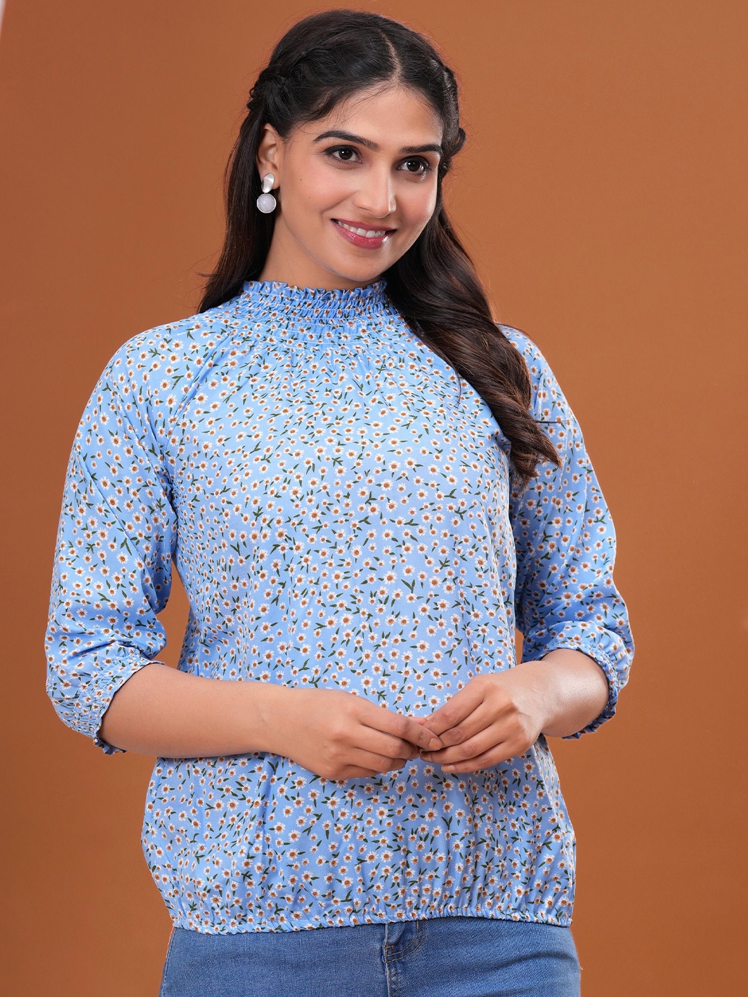 

HIMANC Women Floral Printed High Neck Regular Top, Blue