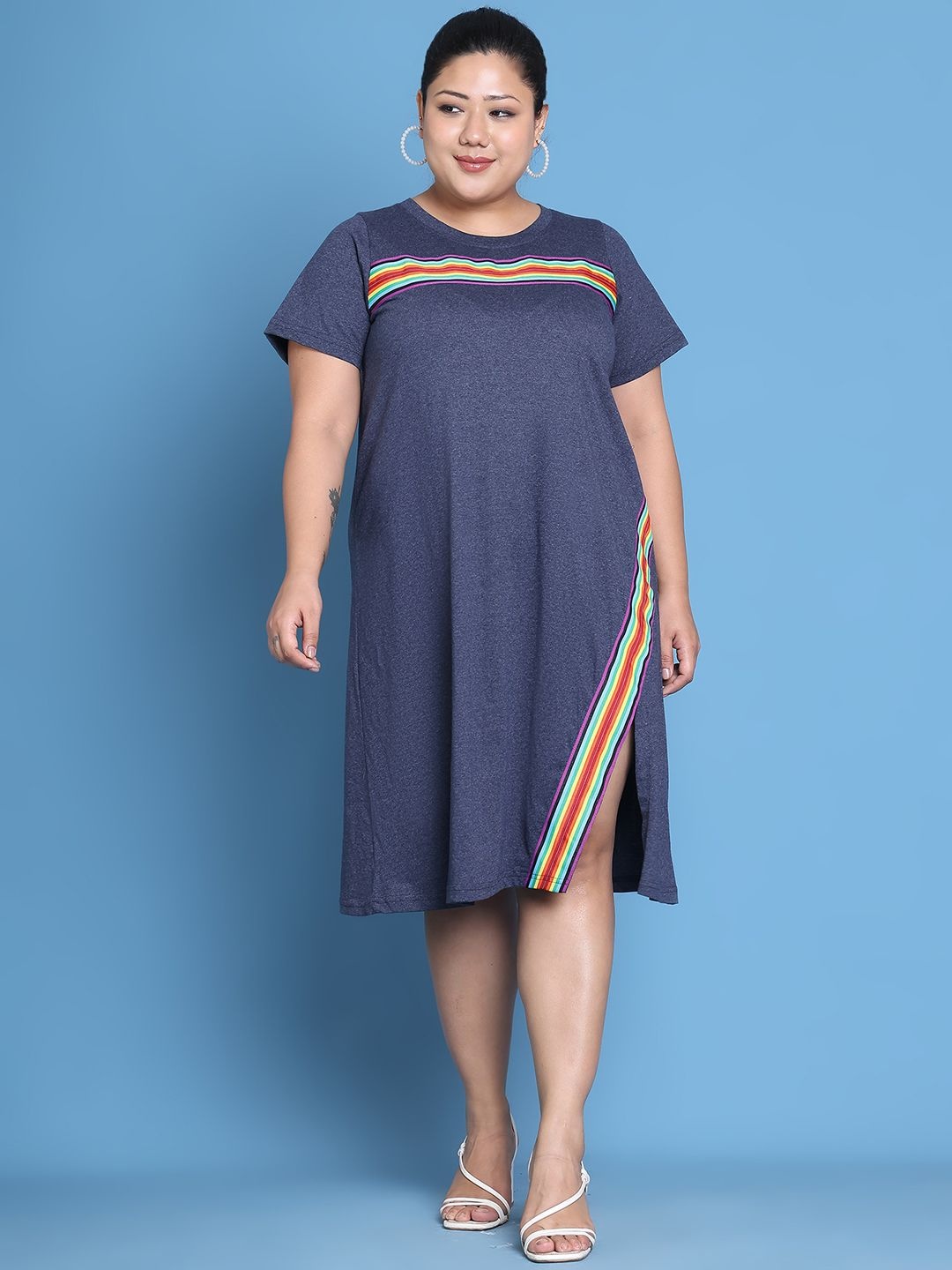 

theRebelinme Plus Size Striped Cotton A-Line Dress, Blue