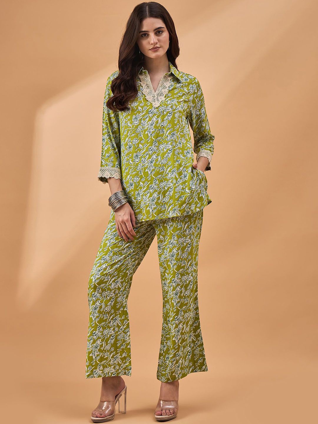 

all about you Floral Printed Lace Detailing Top with Trousers Co-ords, Green