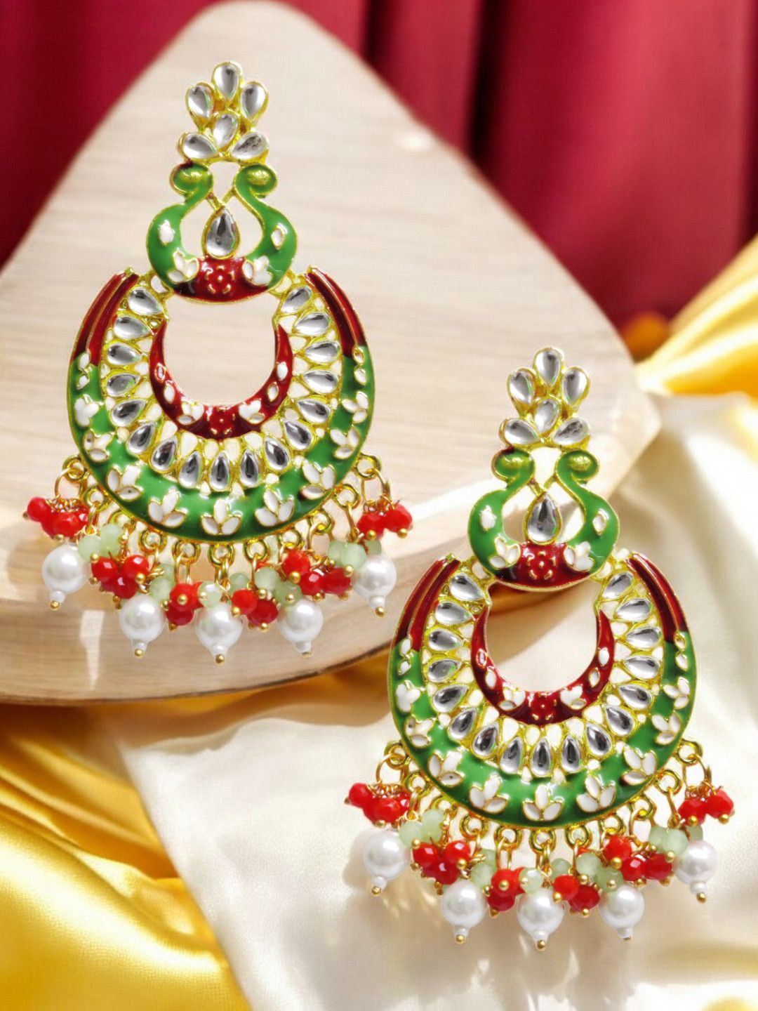 

Anouk Kundan Studded & Beaded Contemporary Shaped Meenakari Chandbalis, Green
