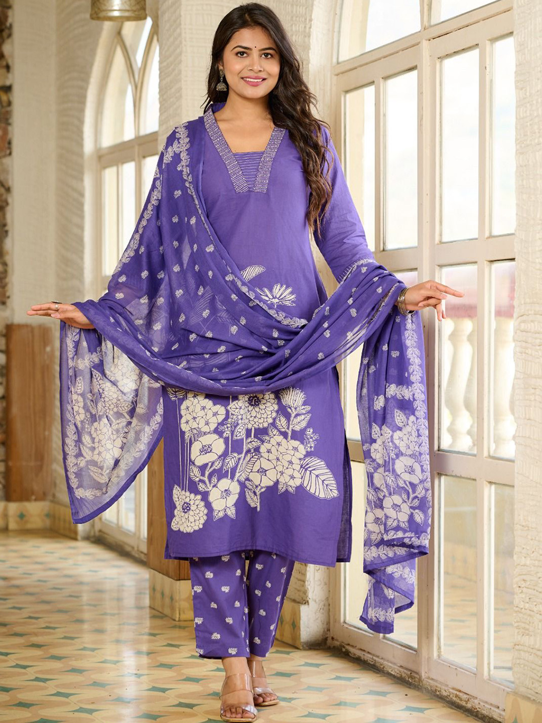 

KALINI Floral Printed Pure Cotton Straight Kurta with Trousers & Dupatta, Purple