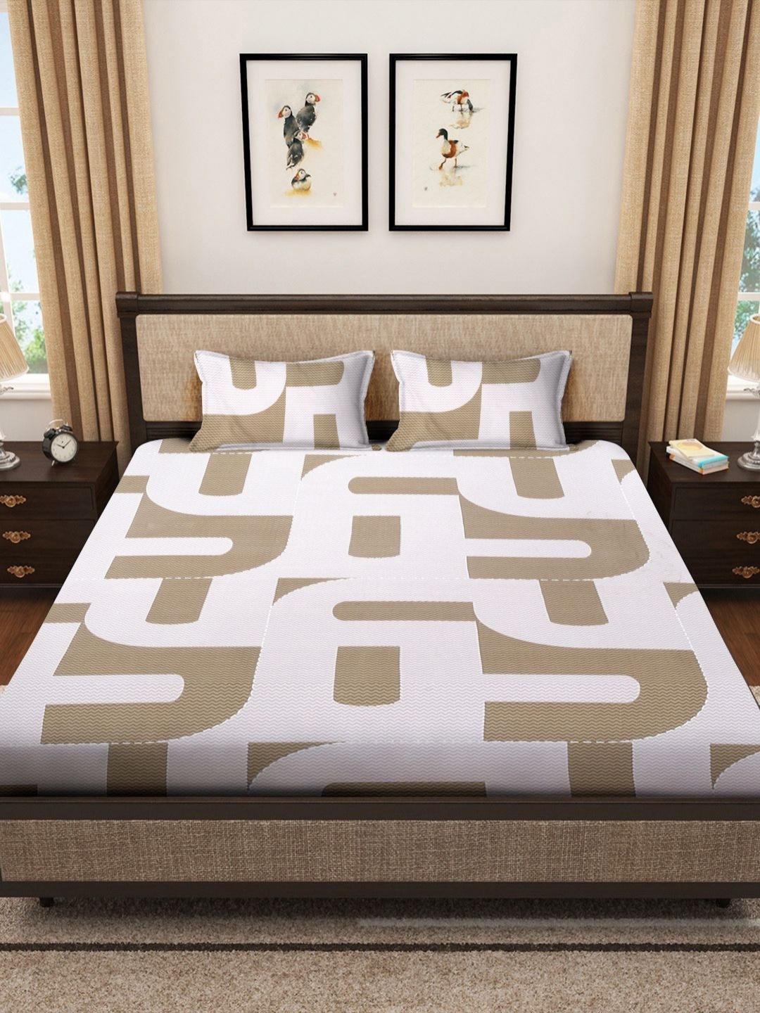 

Myntra Elegant Homes White & Brown Printed 300 TC Fitted King Bedsheet Set-2.70 m x 2.70 m