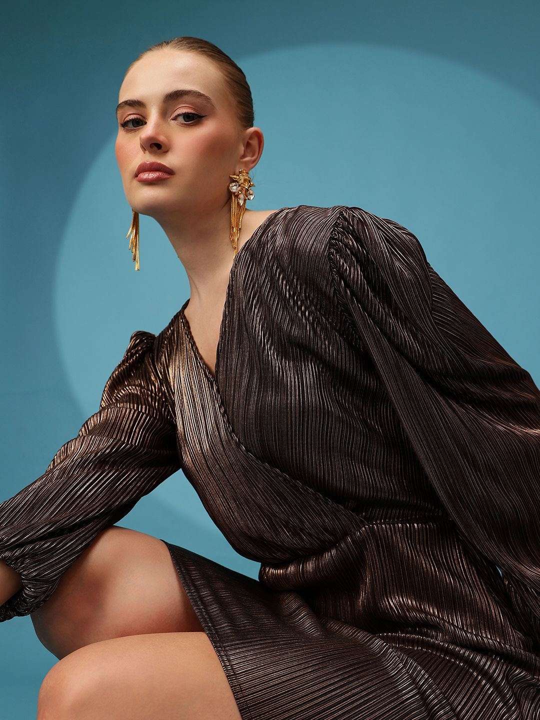 

ATRAENTA Self Design Sheen Satin Wrap Mini Dress, Copper