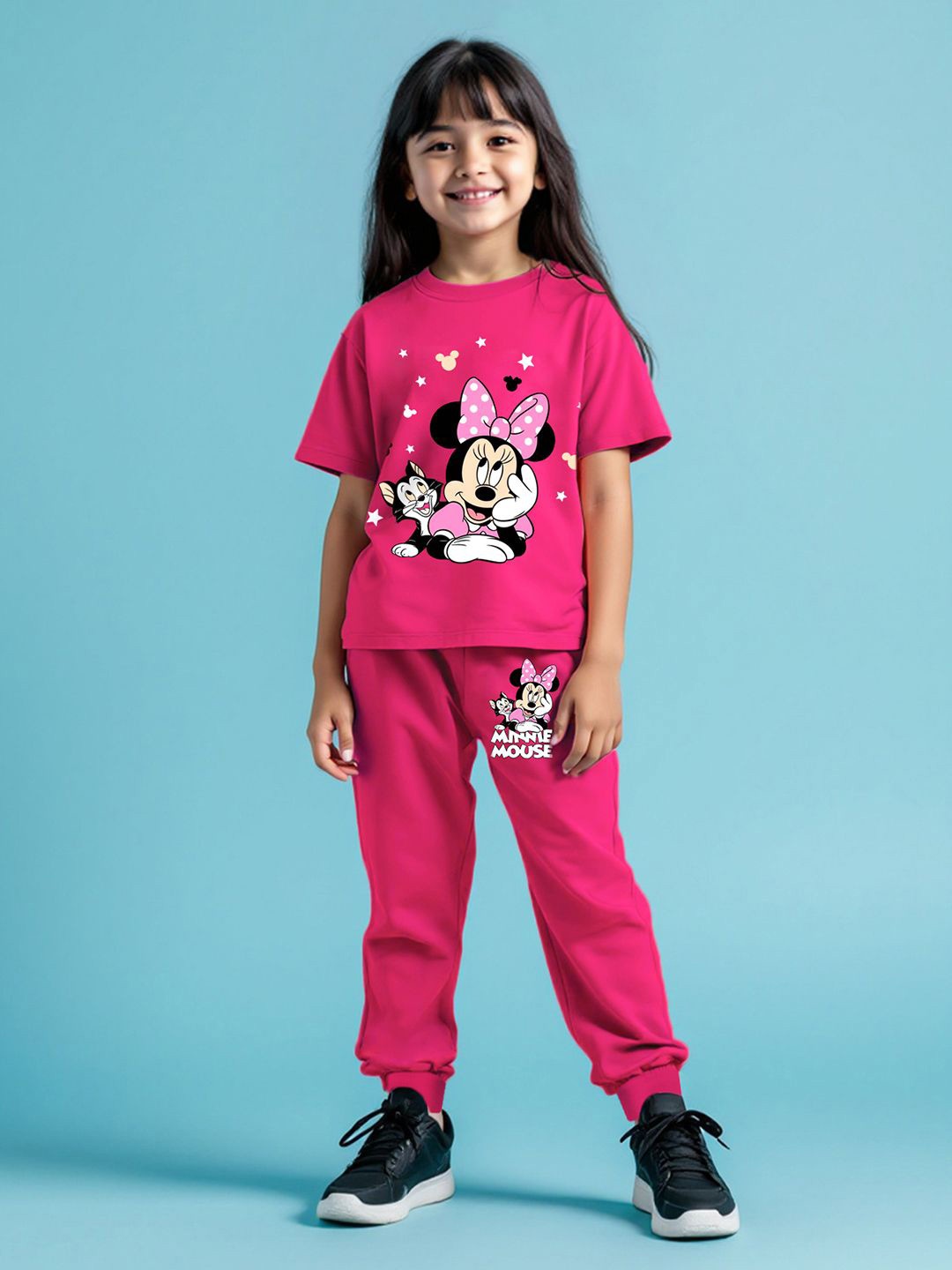 

YK Disney Girls Minnie Mouse Printed Round Neck T-shirt With Joggers, Pink