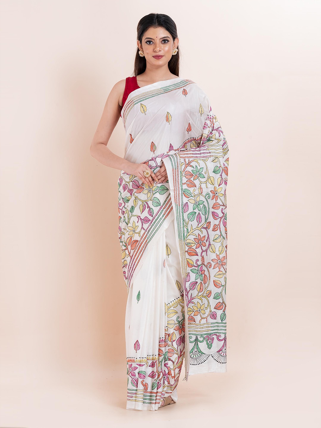 

PUKU Floral Kantha Work Saree, White