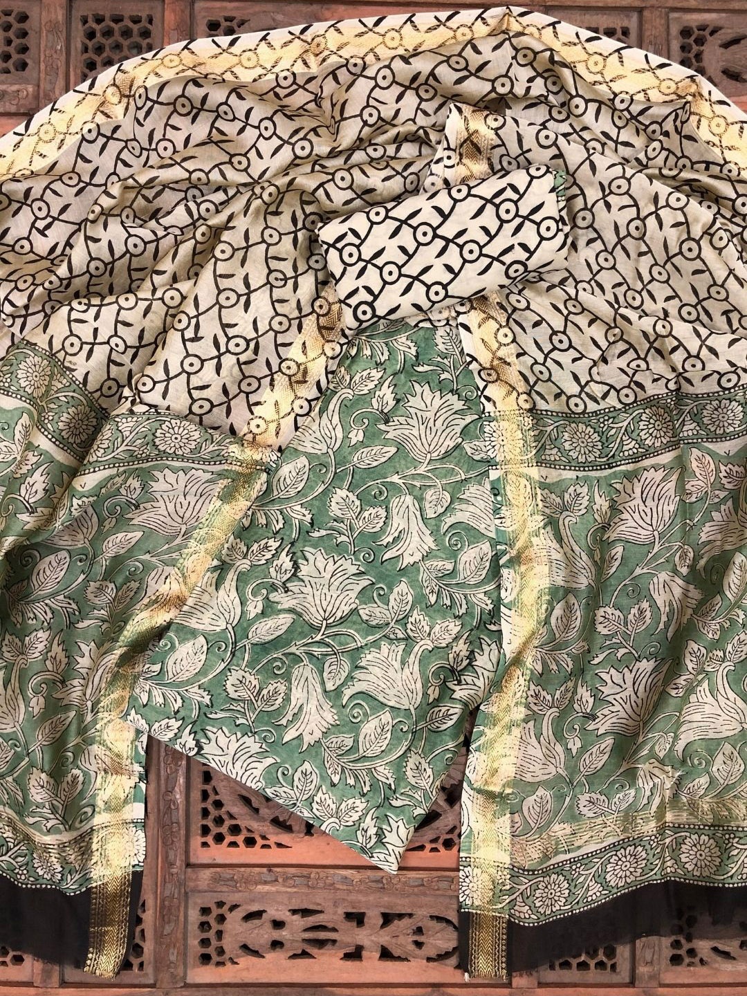 

PALASH Floral Block Printed Pure Silk Unstitched Dress Material, Green