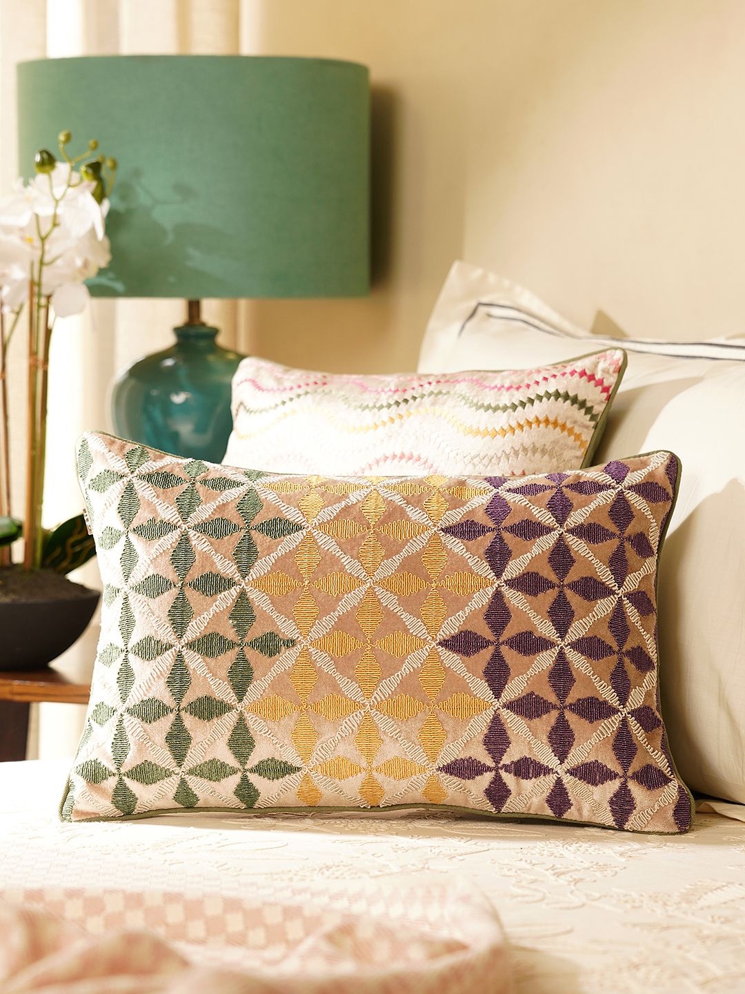 

Pure Home and Living Purple & Green Embroidered Rectangle Cushion Cover