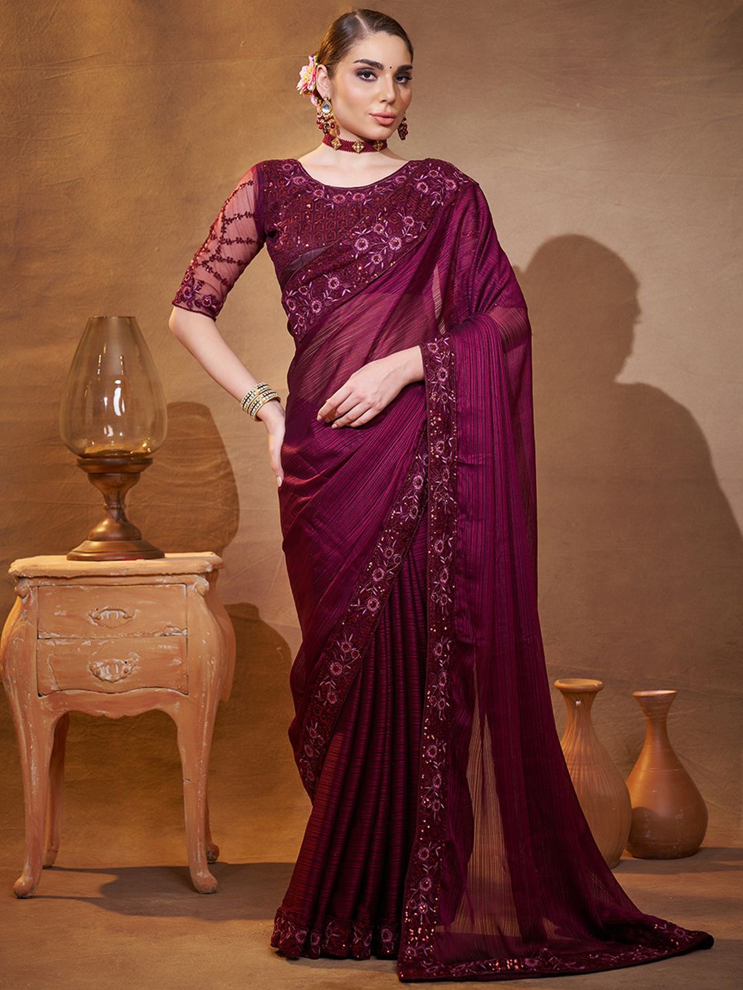 

Mitera Embroidered Organza Saree, Purple