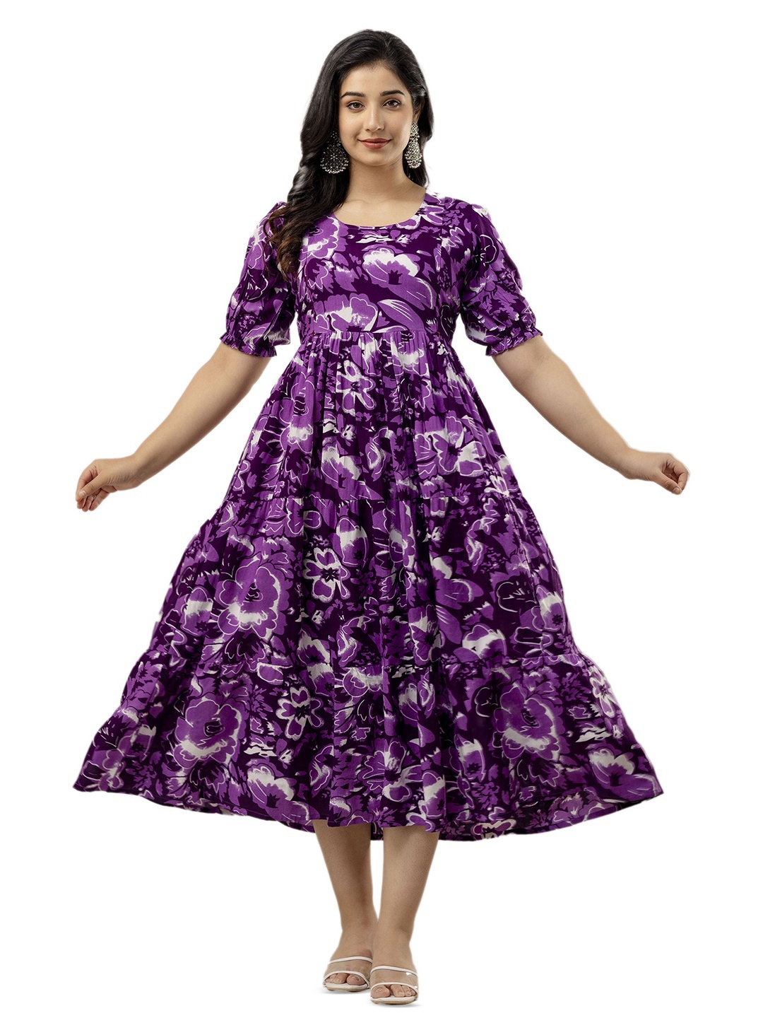 

DEVEK Women Floral Printed Puff Sleeve Maternity Fit & Flare Midi Dress, Purple