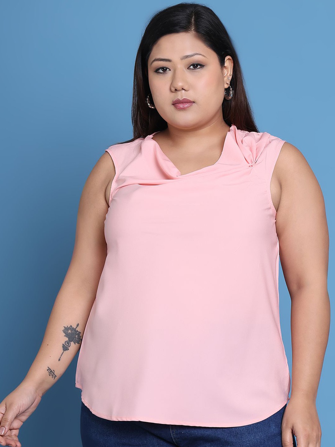 

theRebelinme Women Solid Cowl Neck Sleeveless Top, Pink